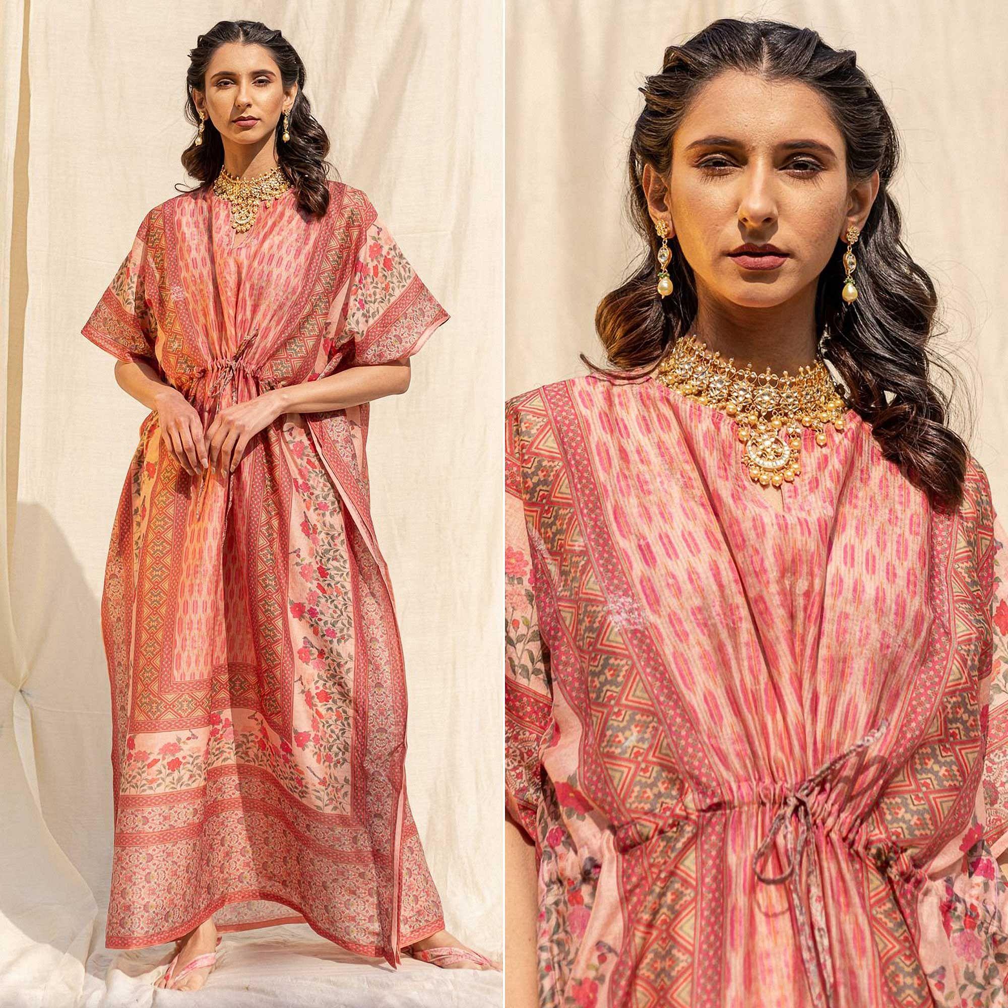 Light Salmon Peach Casual Wear Floral Digtial Printed Silk Kaftan Kurti - Peachmode