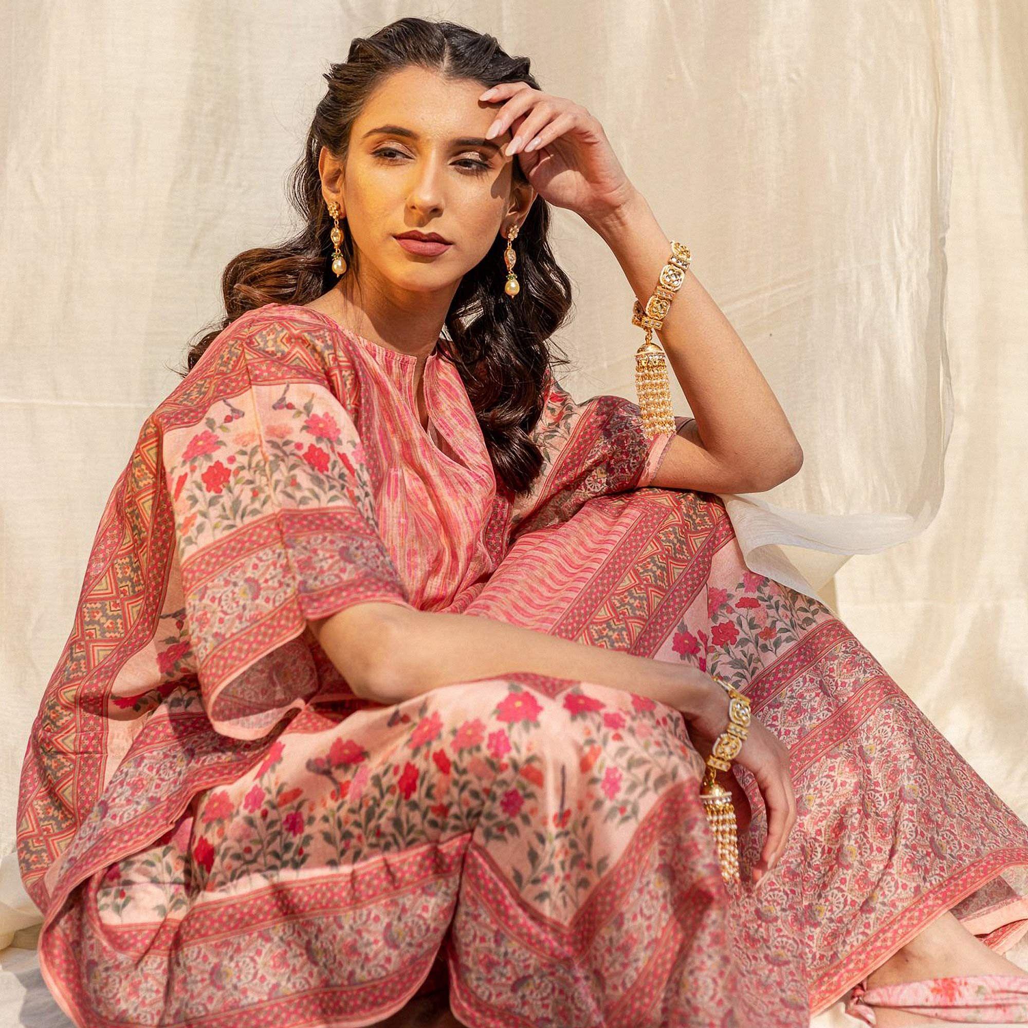 Light Salmon Peach Casual Wear Floral Digtial Printed Silk Kaftan Kurti - Peachmode