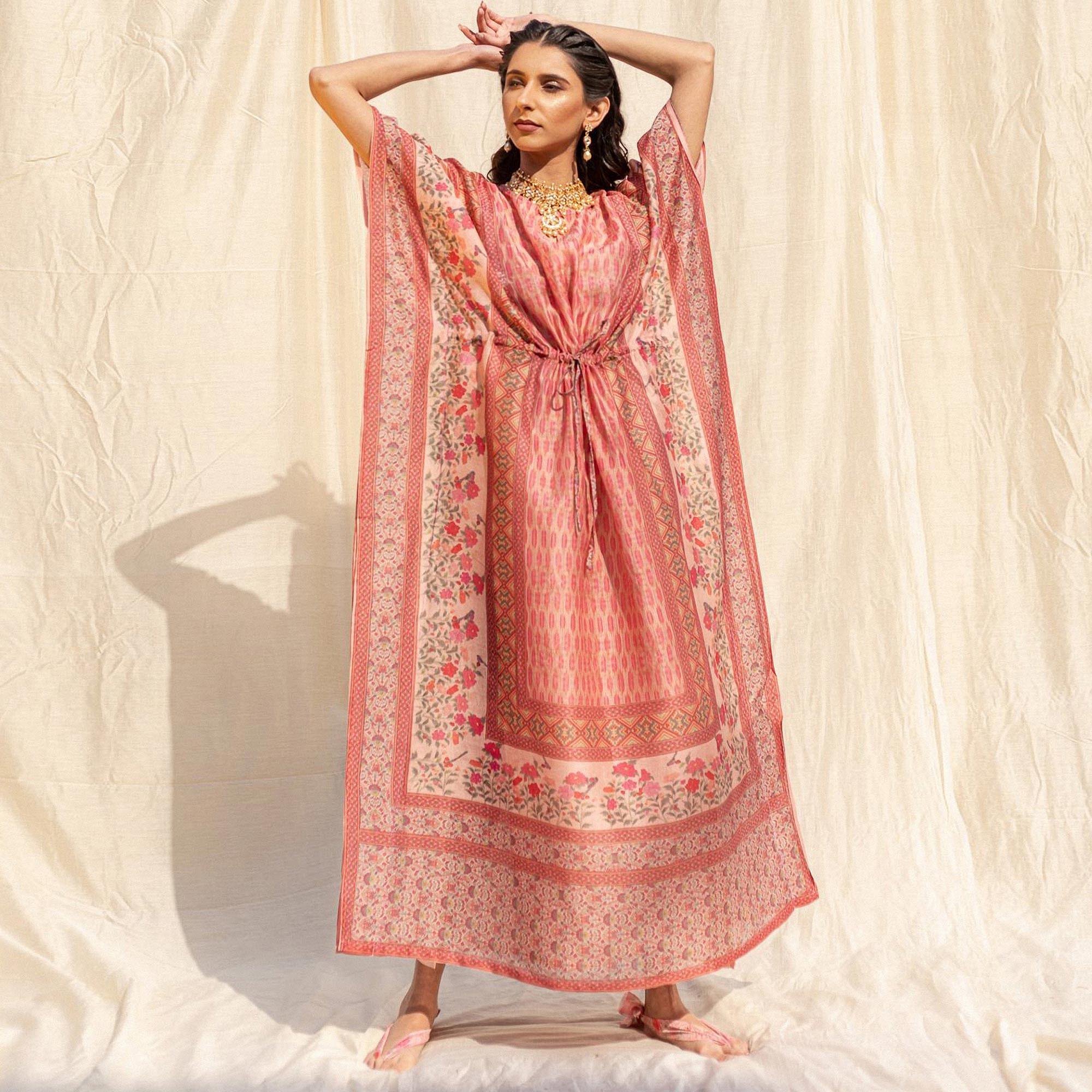 Light Salmon Peach Casual Wear Floral Digtial Printed Silk Kaftan Kurti - Peachmode