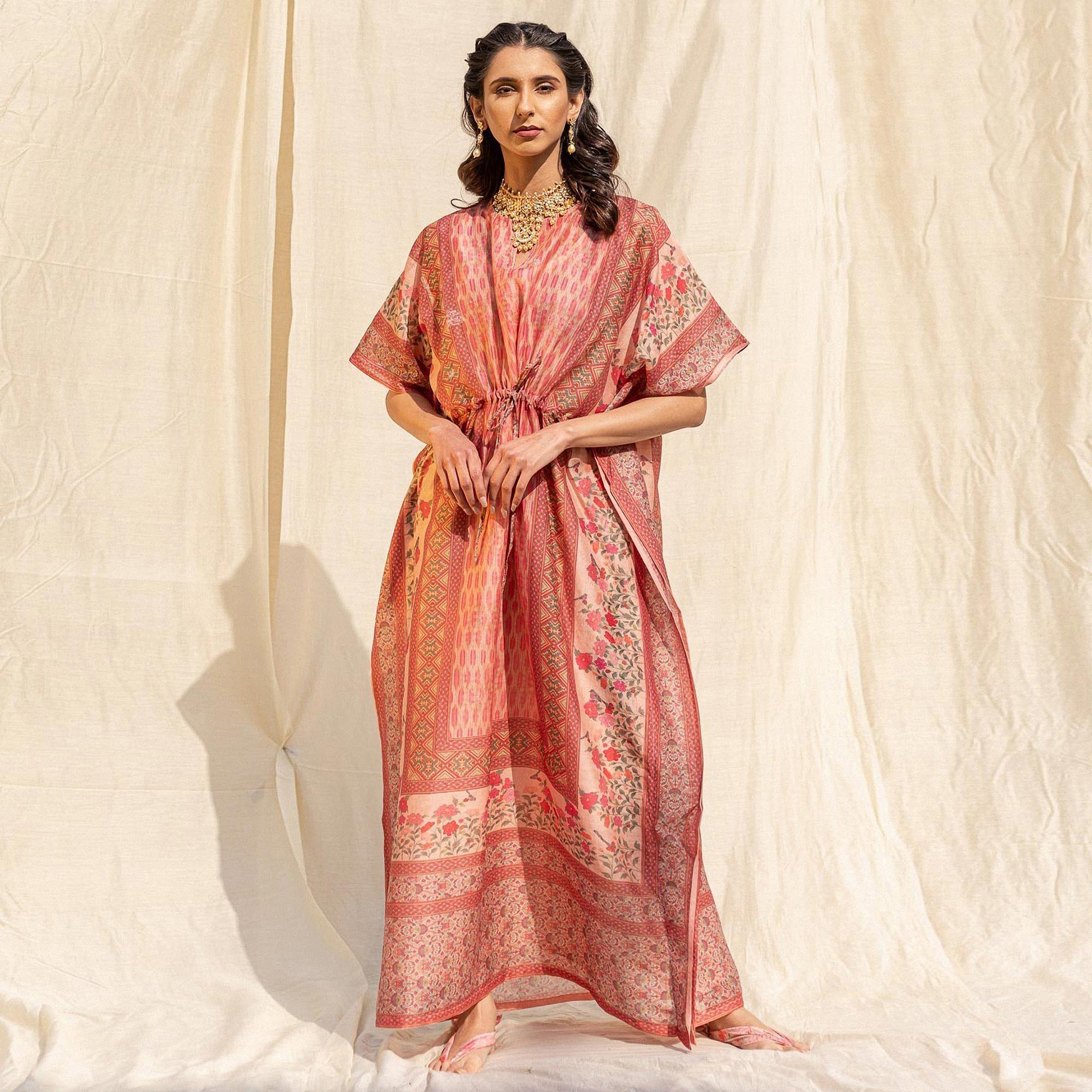 Light Salmon Peach Casual Wear Floral Digtial Printed Silk Kaftan Kurti - Peachmode