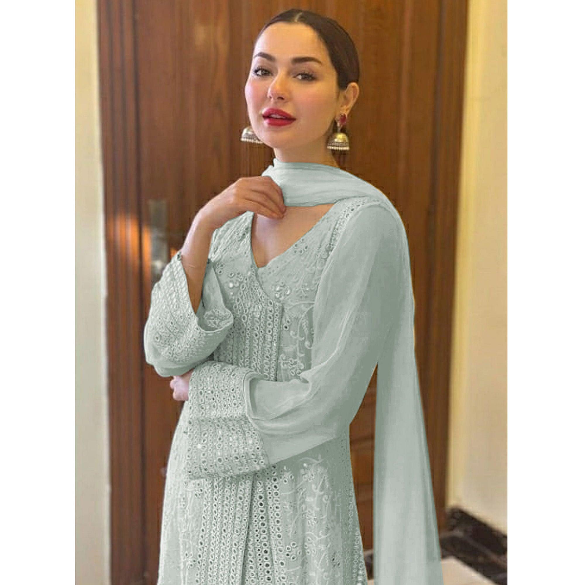 Light Sky Blue Sequence Embroidered Georgette Suit - Peachmode