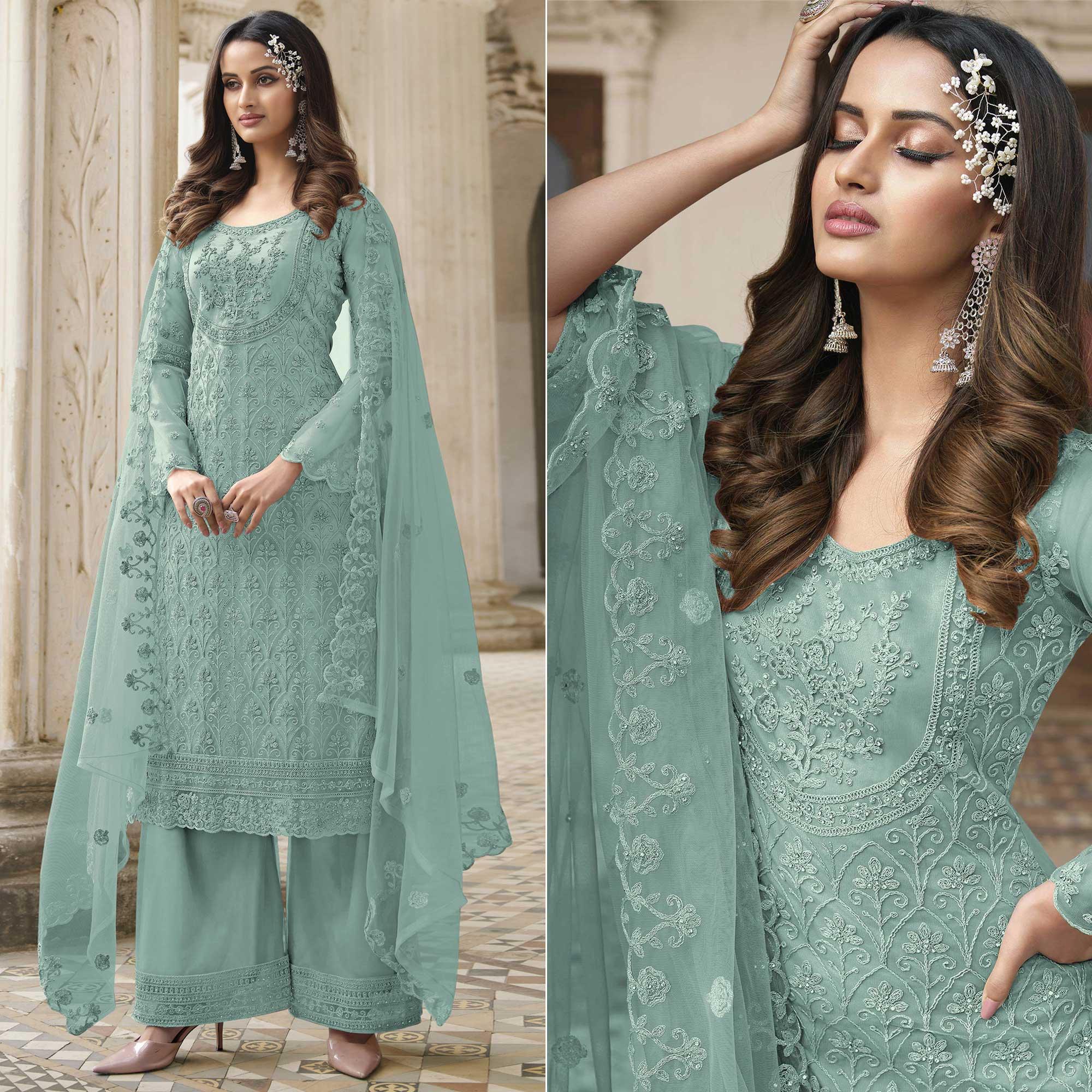 Light Turquoise Embroidered With Embellished Net Palazzo Suit - Peachmode