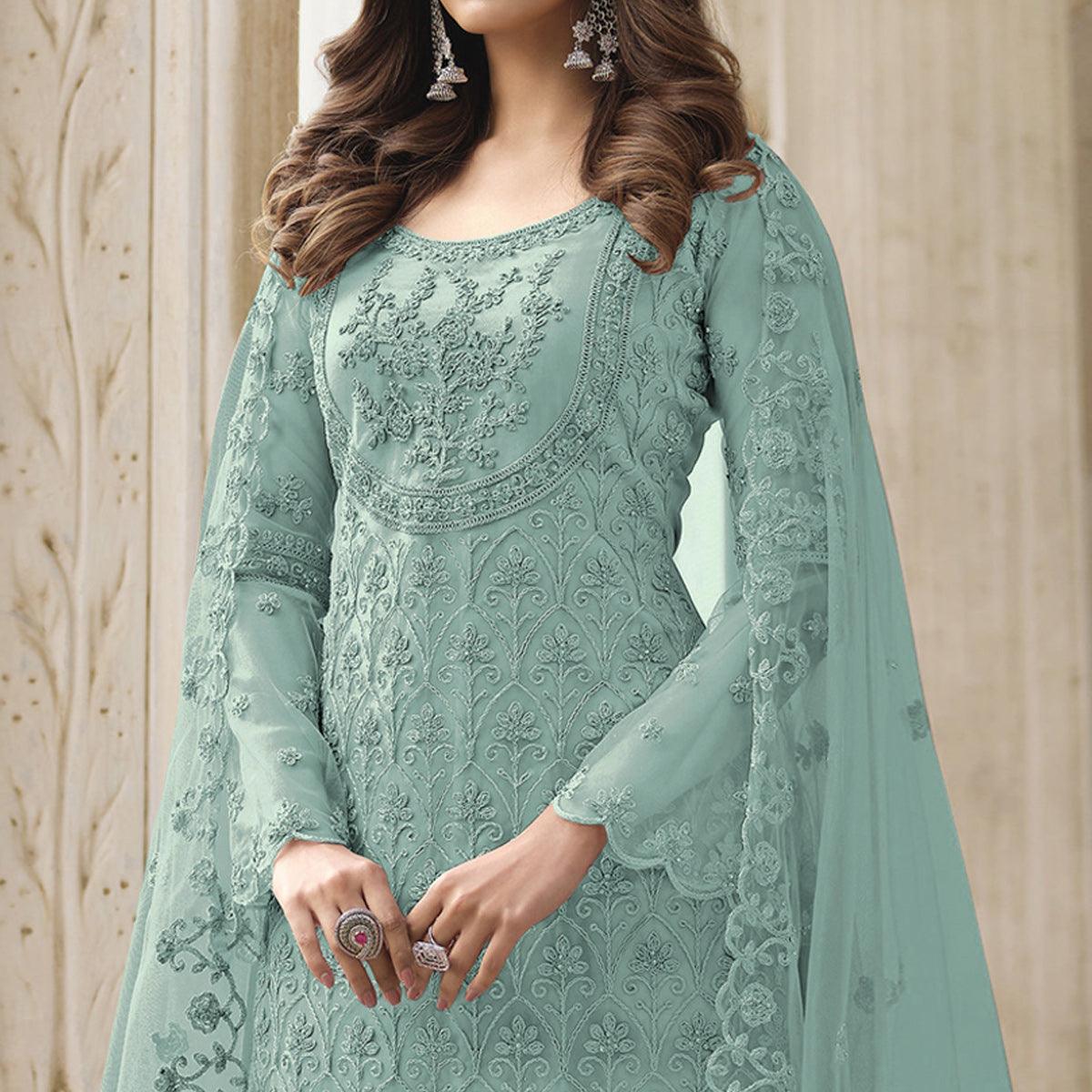 Light Turquoise Embroidered With Embellished Net Palazzo Suit - Peachmode
