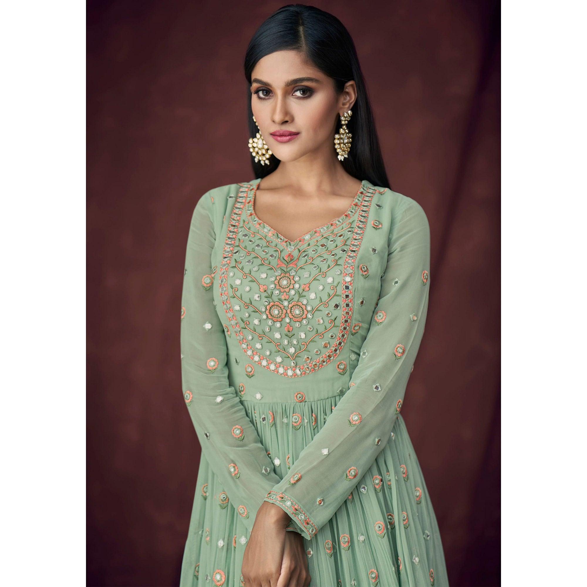 Light Turquoise Partywear Embroidered & Embellished Georgette Sharara Suit - Peachmode