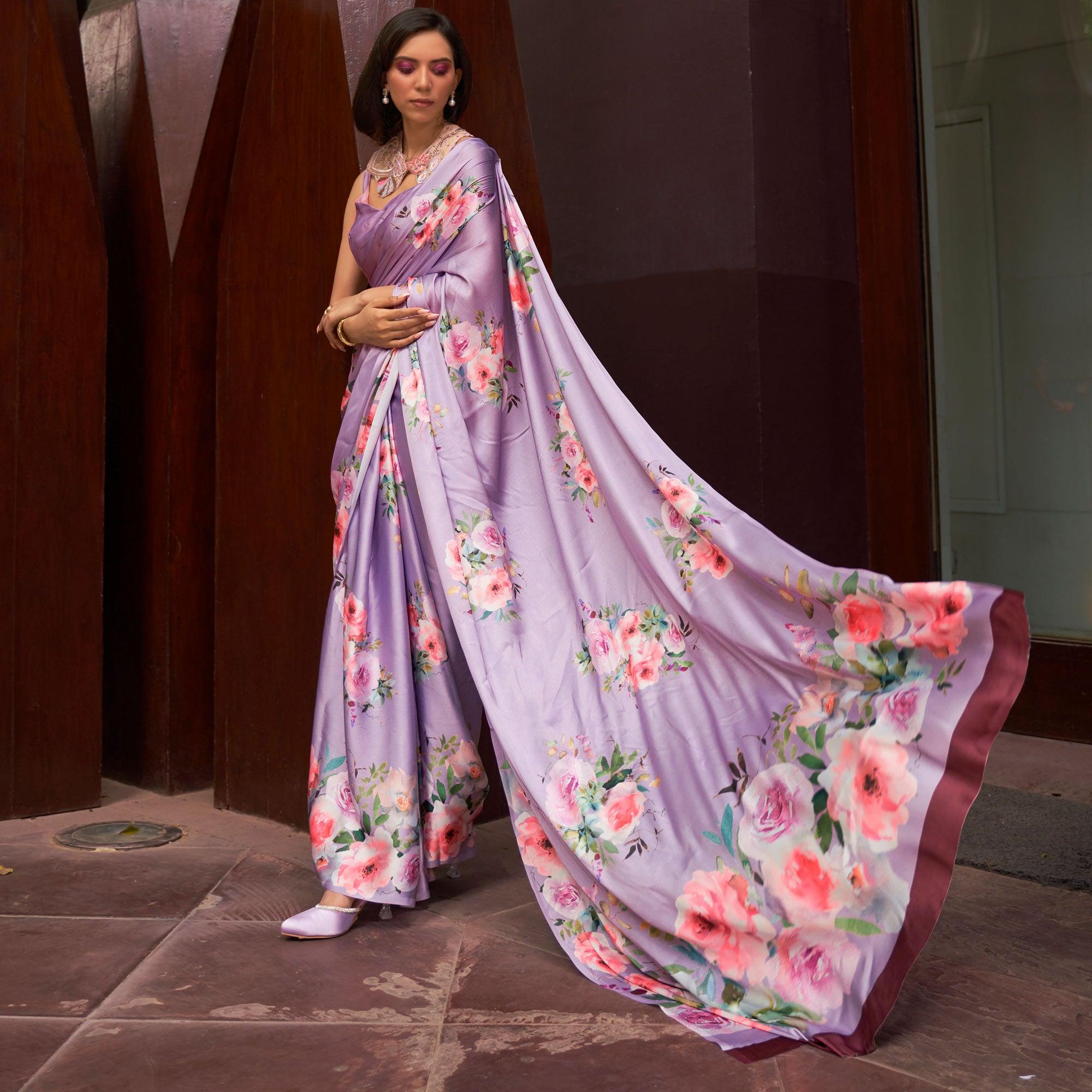 Light Violet Floral Digital Printed Satin Saree - Peachmode