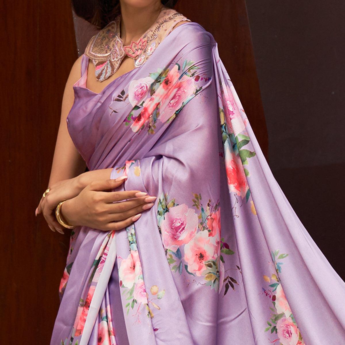 Light Violet Floral Digital Printed Satin Saree - Peachmode
