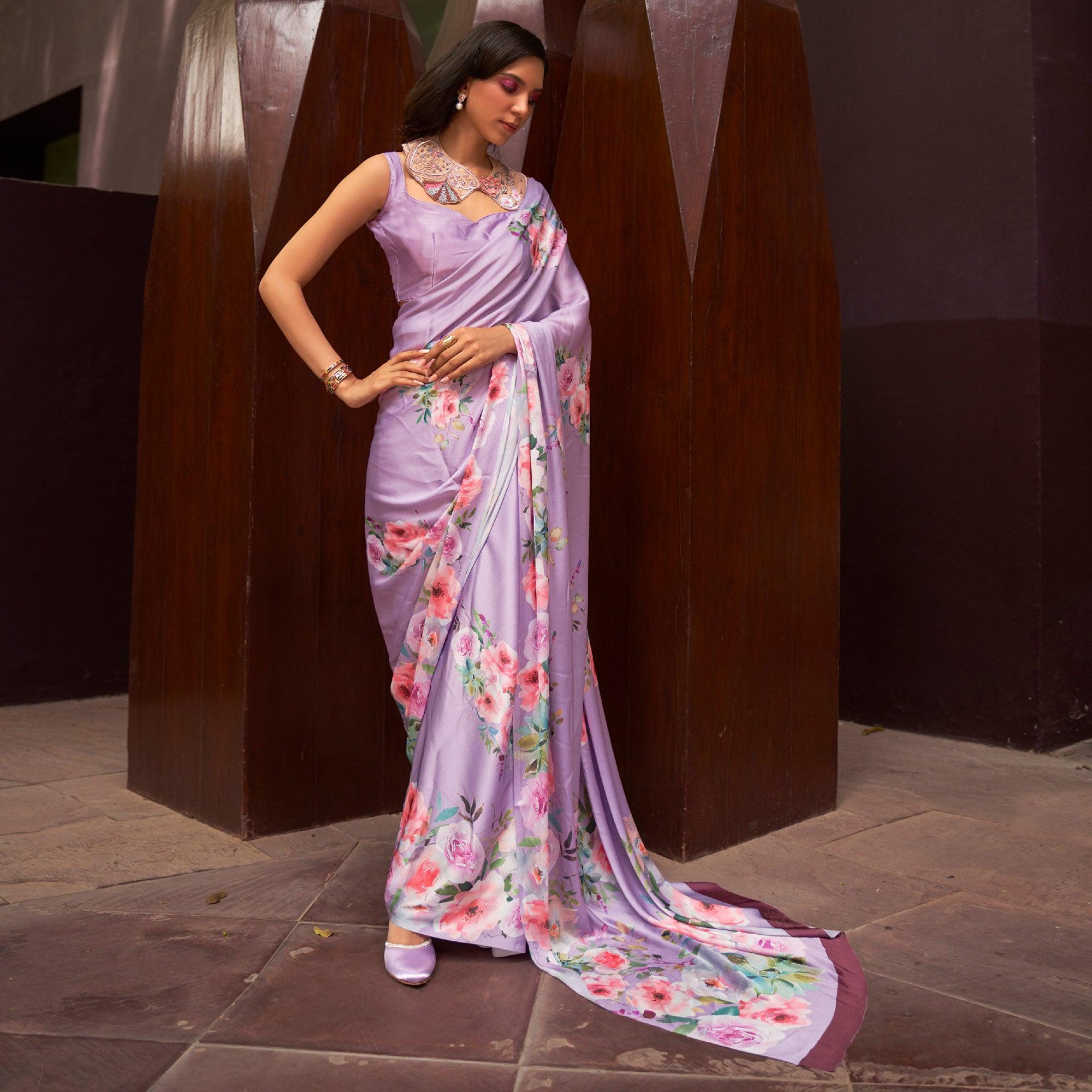 Light Violet Floral Digital Printed Satin Saree - Peachmode