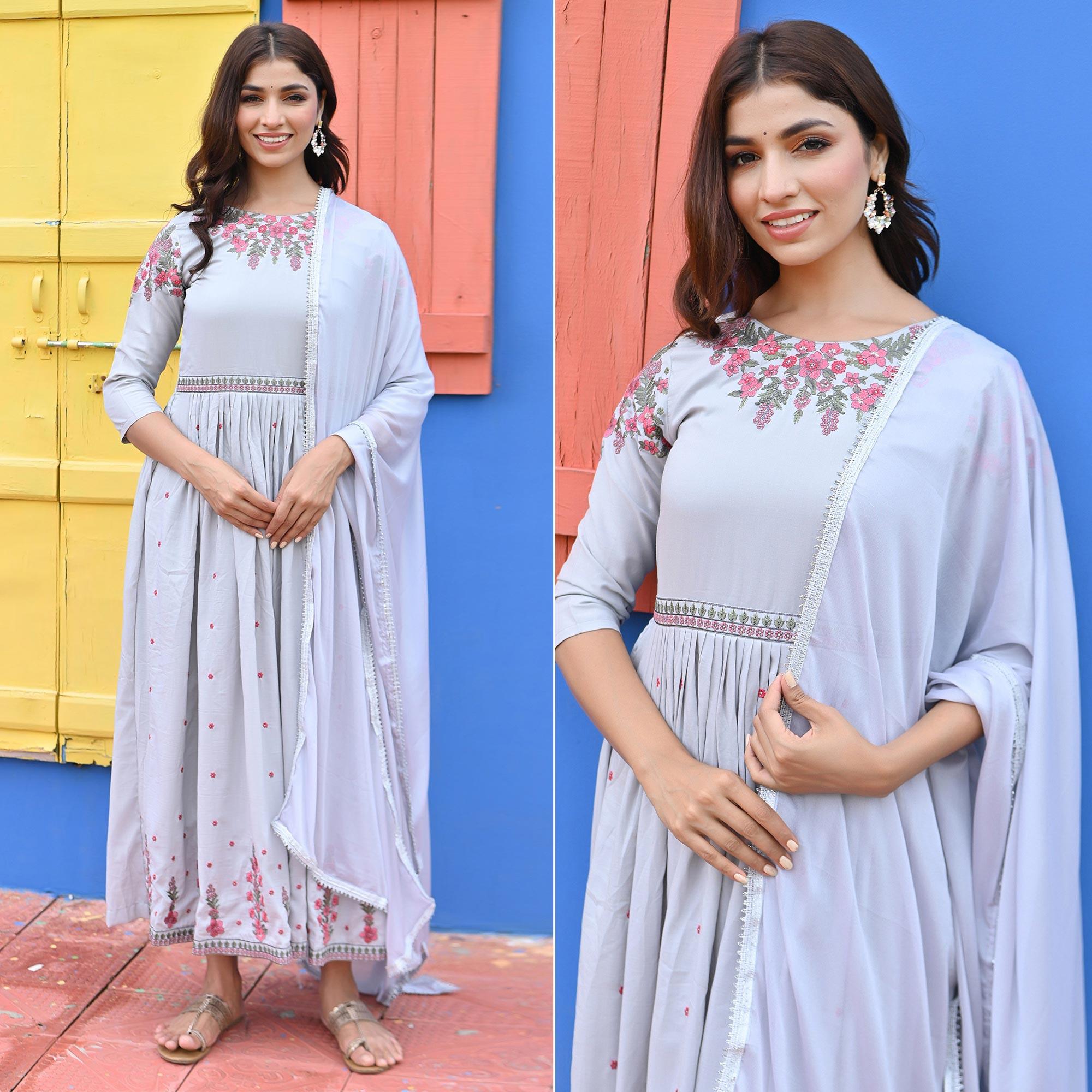 Light Violet Floral Embroidered Muslin Gown - Peachmode