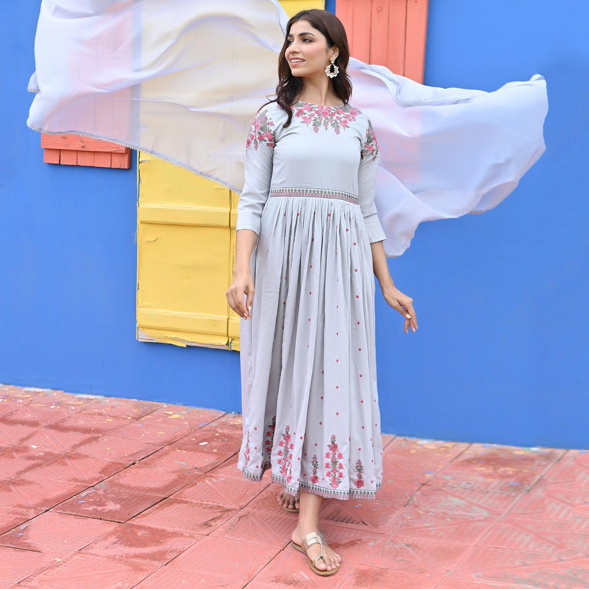 Light Violet Floral Embroidered Muslin Gown - Peachmode