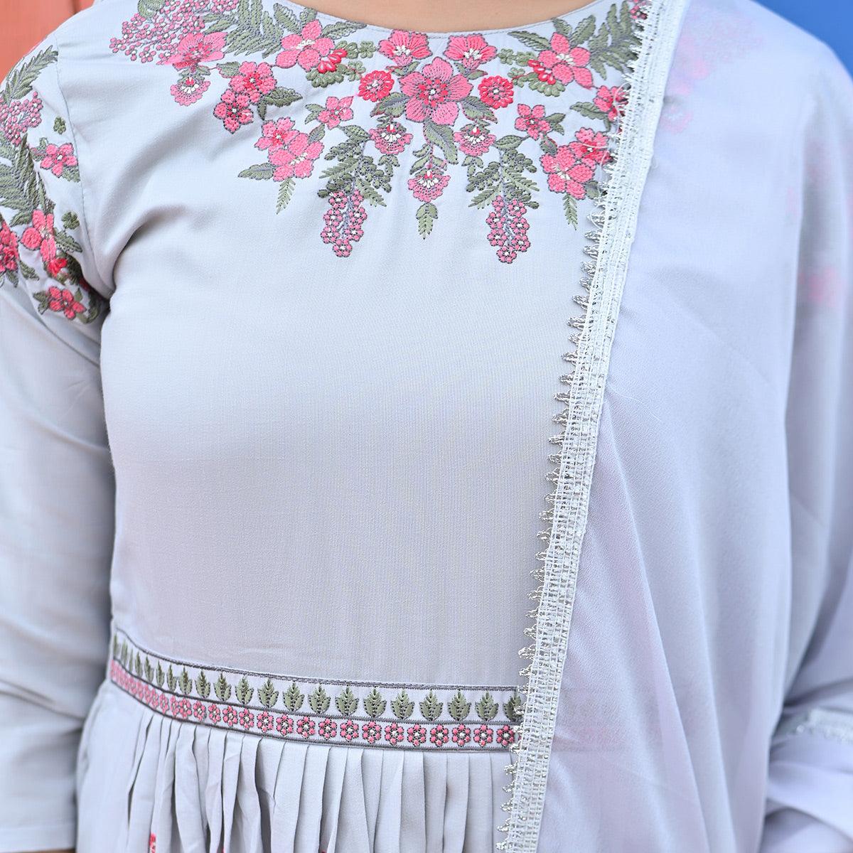 Light Violet Floral Embroidered Muslin Gown - Peachmode