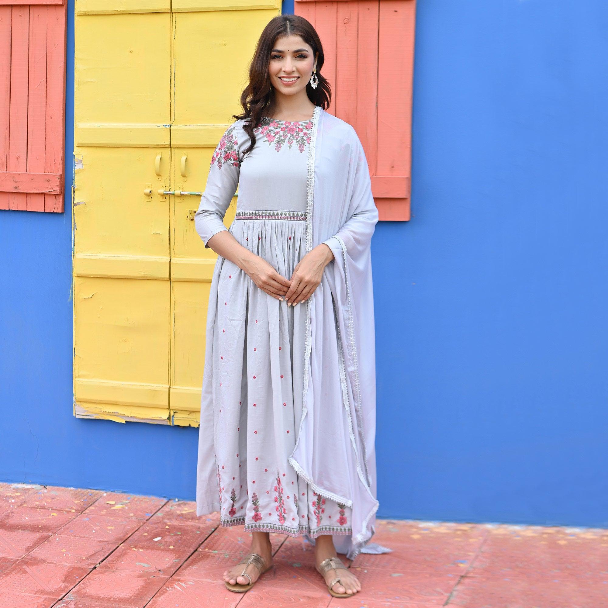 Light Violet Floral Embroidered Muslin Gown - Peachmode