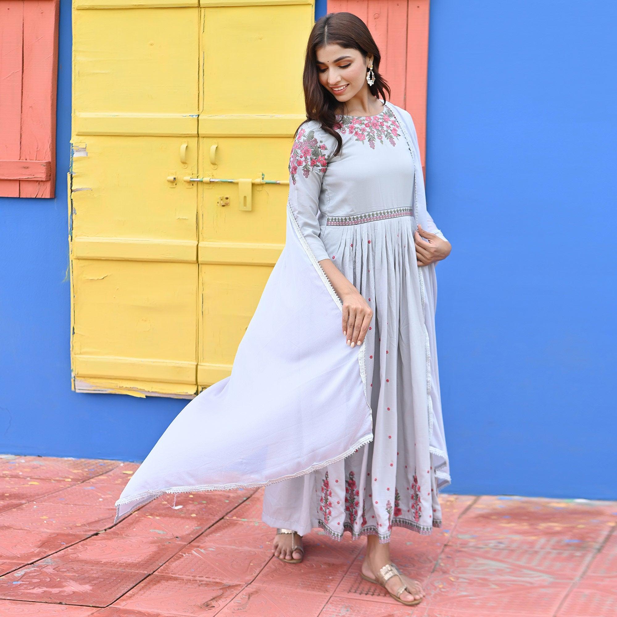 Light Violet Floral Embroidered Muslin Gown - Peachmode