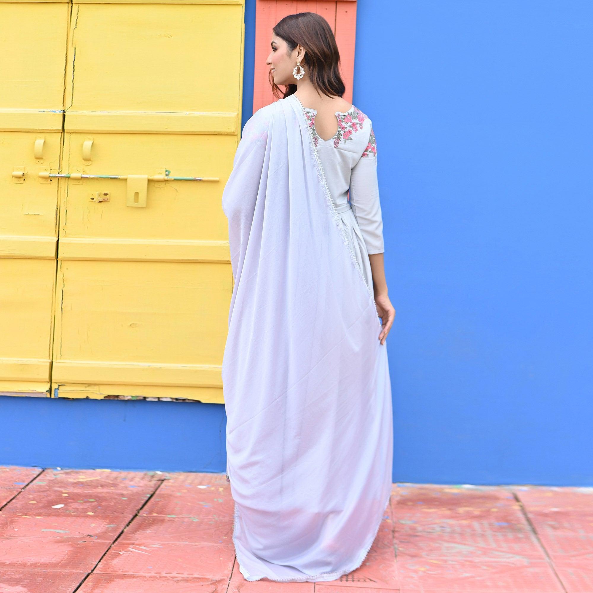 Light Violet Floral Embroidered Muslin Gown - Peachmode