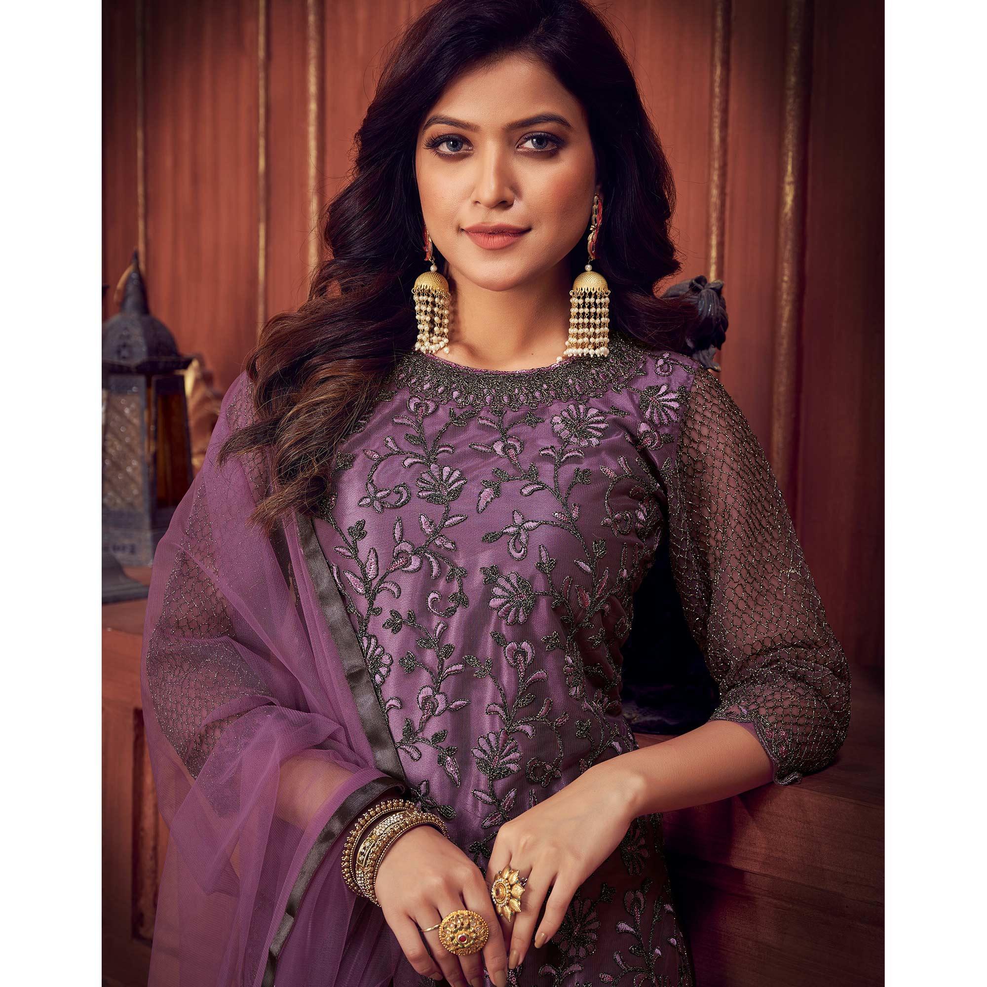 Light Violet Floral Embroidered Net Partywear Suit - Peachmode