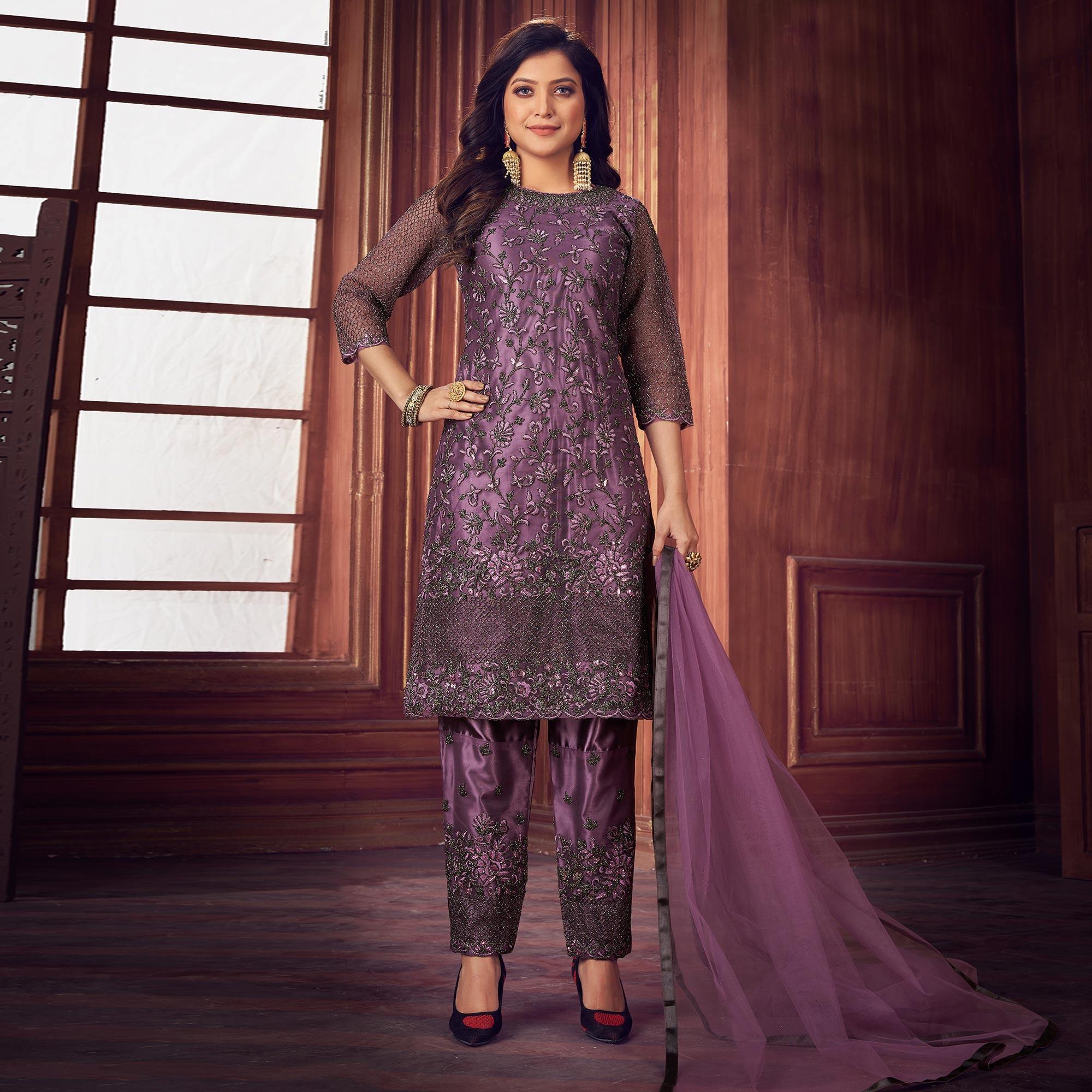 Light Violet Floral Embroidered Net Partywear Suit - Peachmode