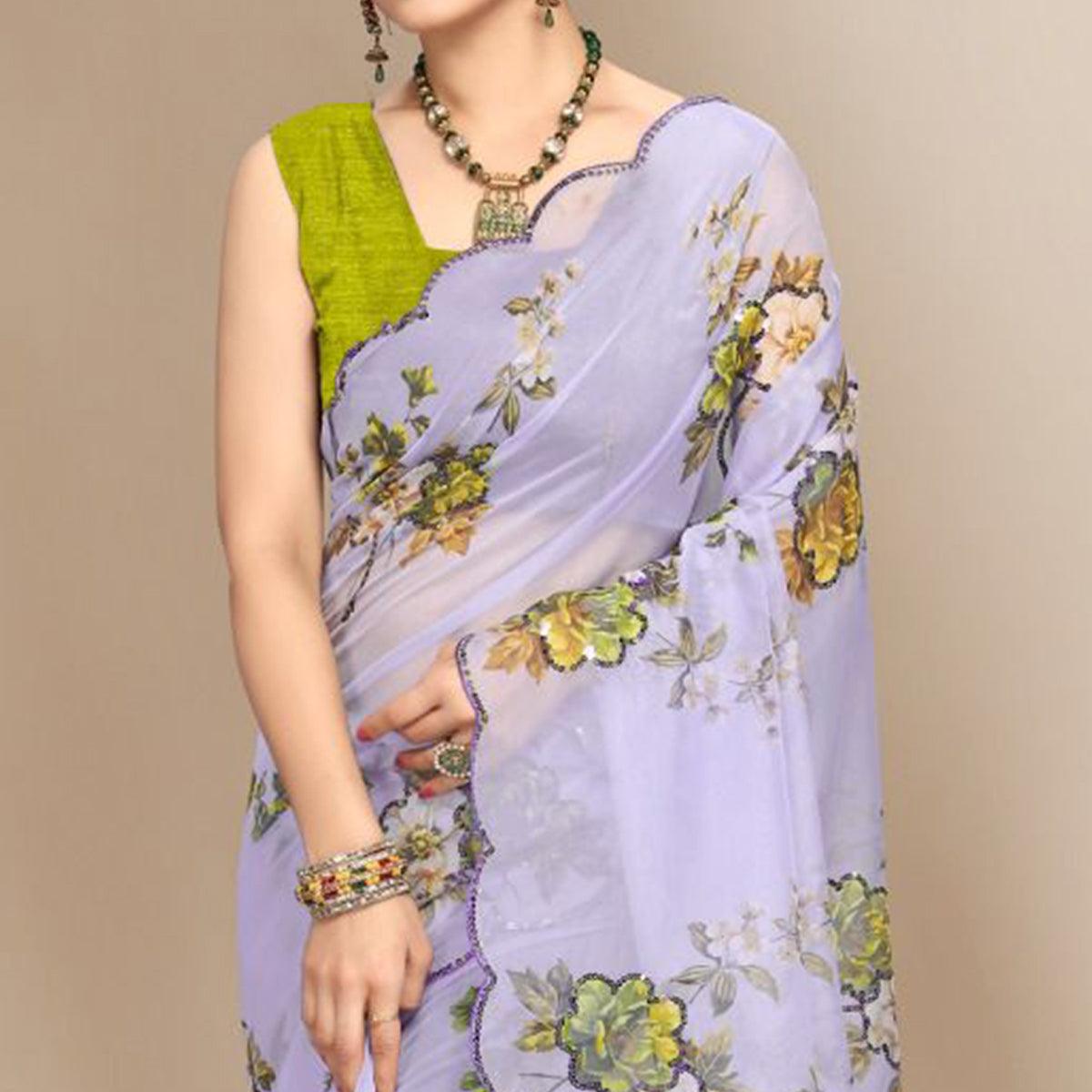 Light Violet Partywear Sequence & Printed Organza Saree - Peachmode