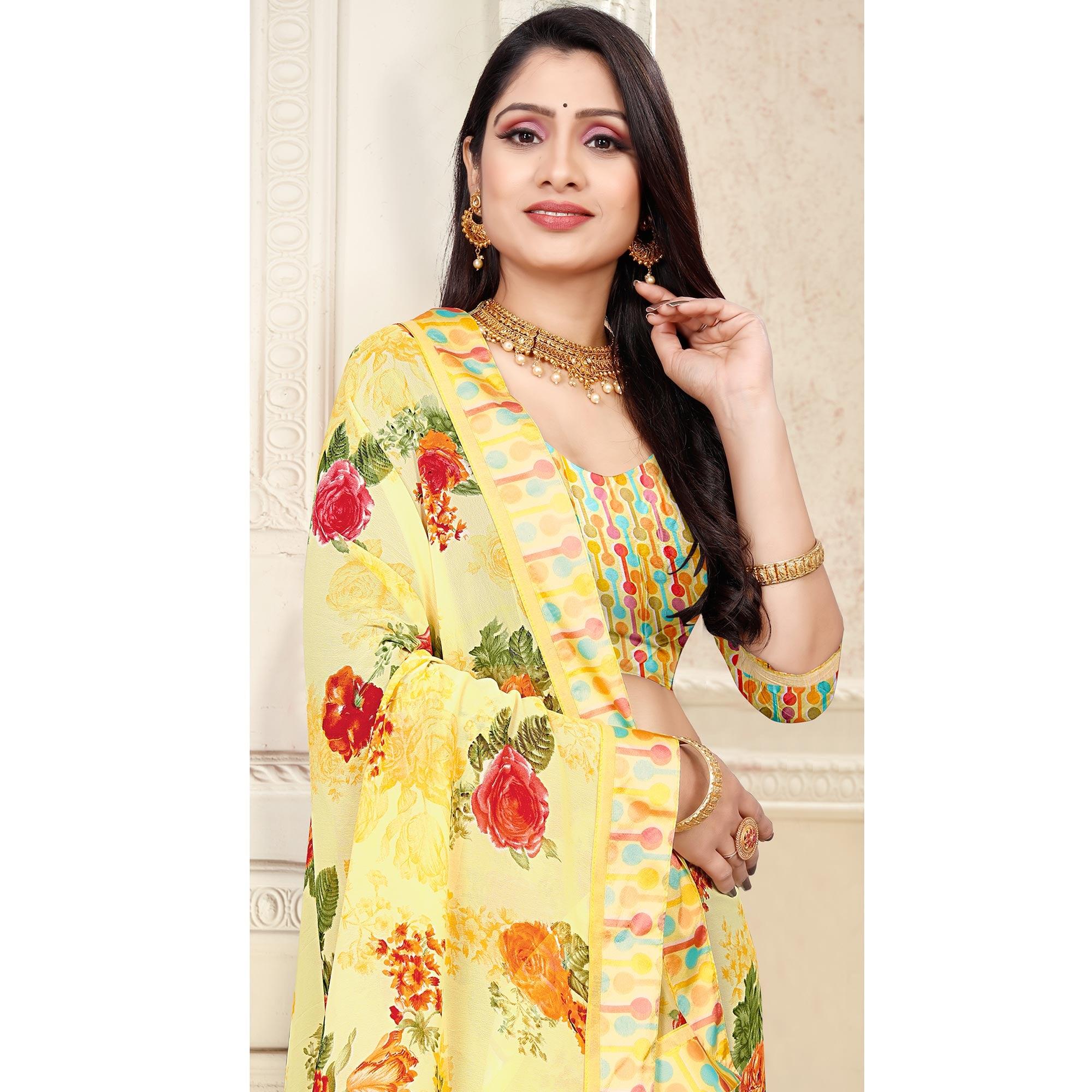 Light Yellow Casaul Wear Floral Printed Georgette Saree With Satin Lace - Peachmode