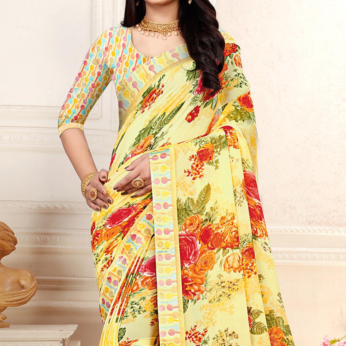 Light Yellow Casaul Wear Floral Printed Georgette Saree With Satin Lace - Peachmode