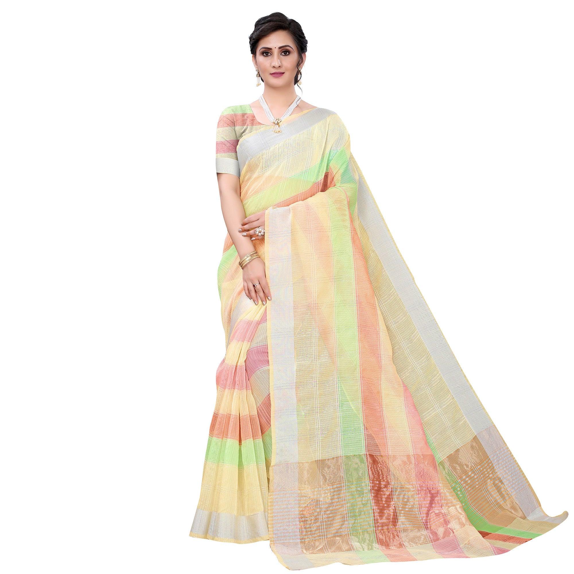 Light Yellow Casual Wear Checks Printed Silk Saree With Border - Peachmode