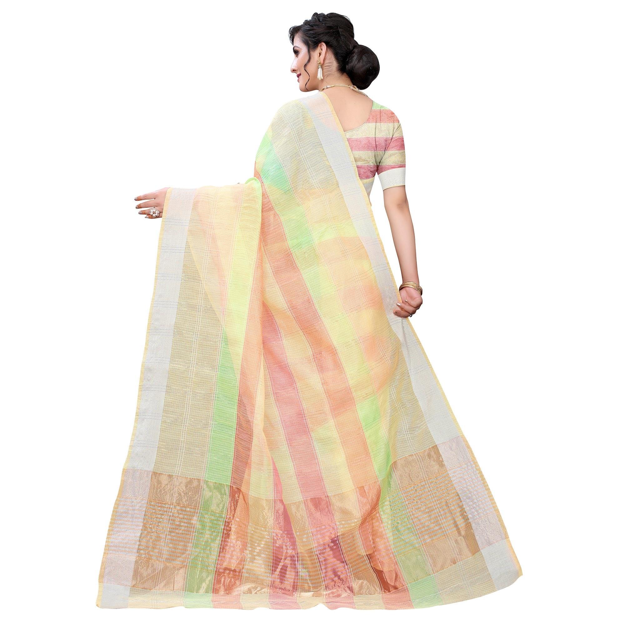 Light Yellow Casual Wear Checks Printed Silk Saree With Border - Peachmode