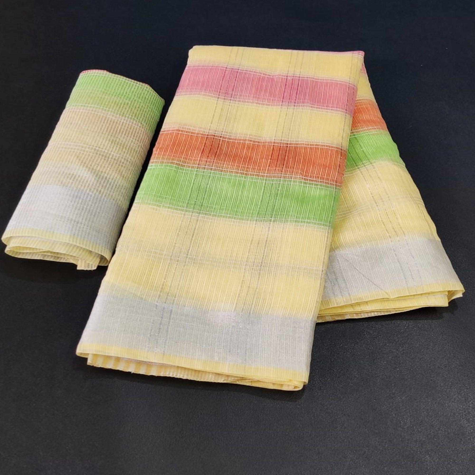 Light Yellow Casual Wear Checks Printed Silk Saree With Border - Peachmode