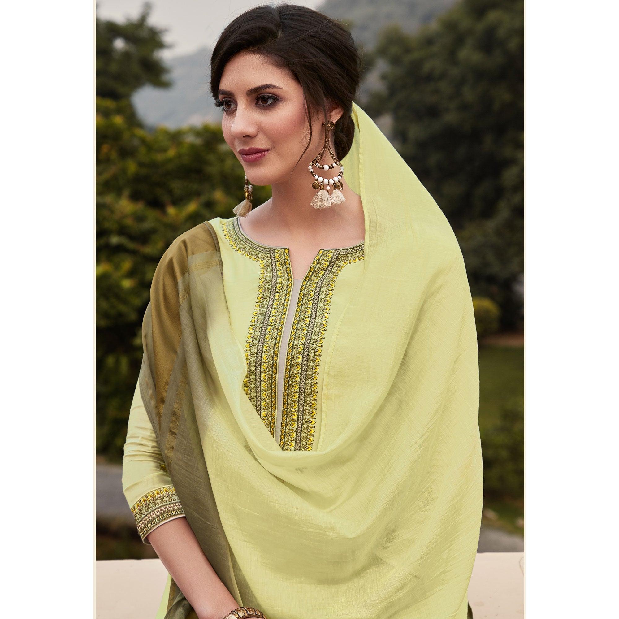 Light Yellow Casual Wear Embroidered Georgette Suit - Peachmode
