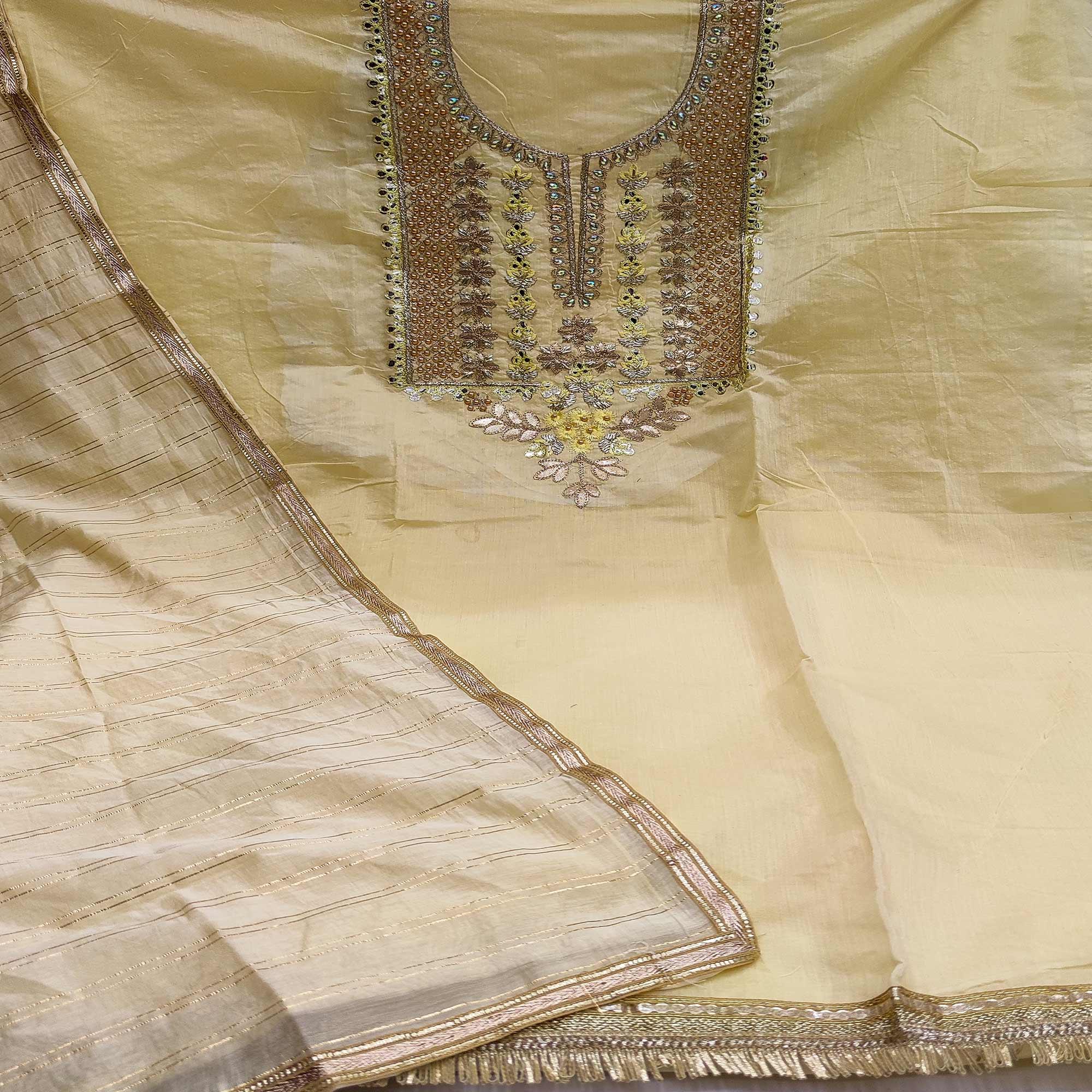 Light Yellow Casual Wear Floral Embroidery With Hand Work Modal Chanderi Dress Material - Peachmode