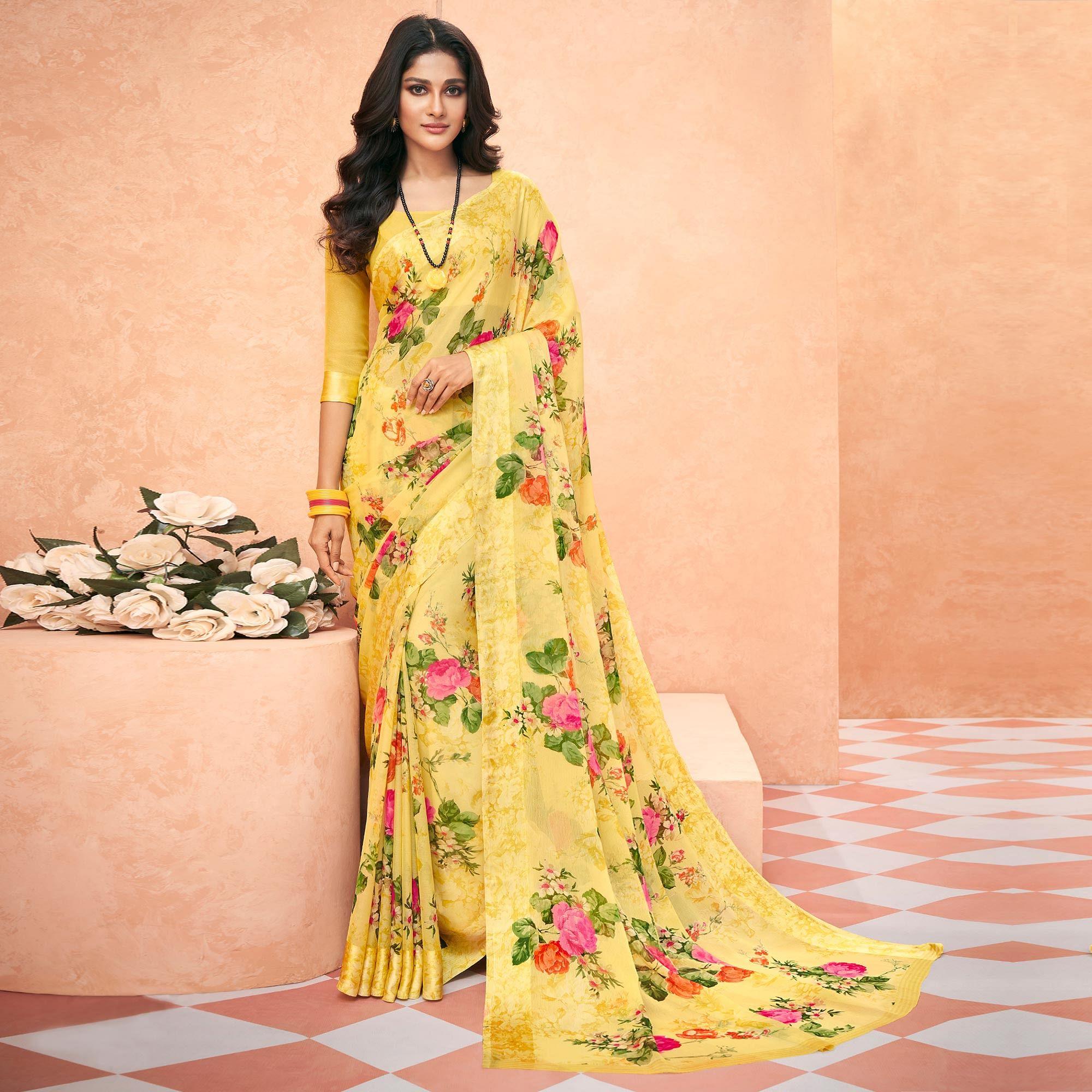 Light Yellow Casual Wear Floral Printed Chiffon Saree - Peachmode