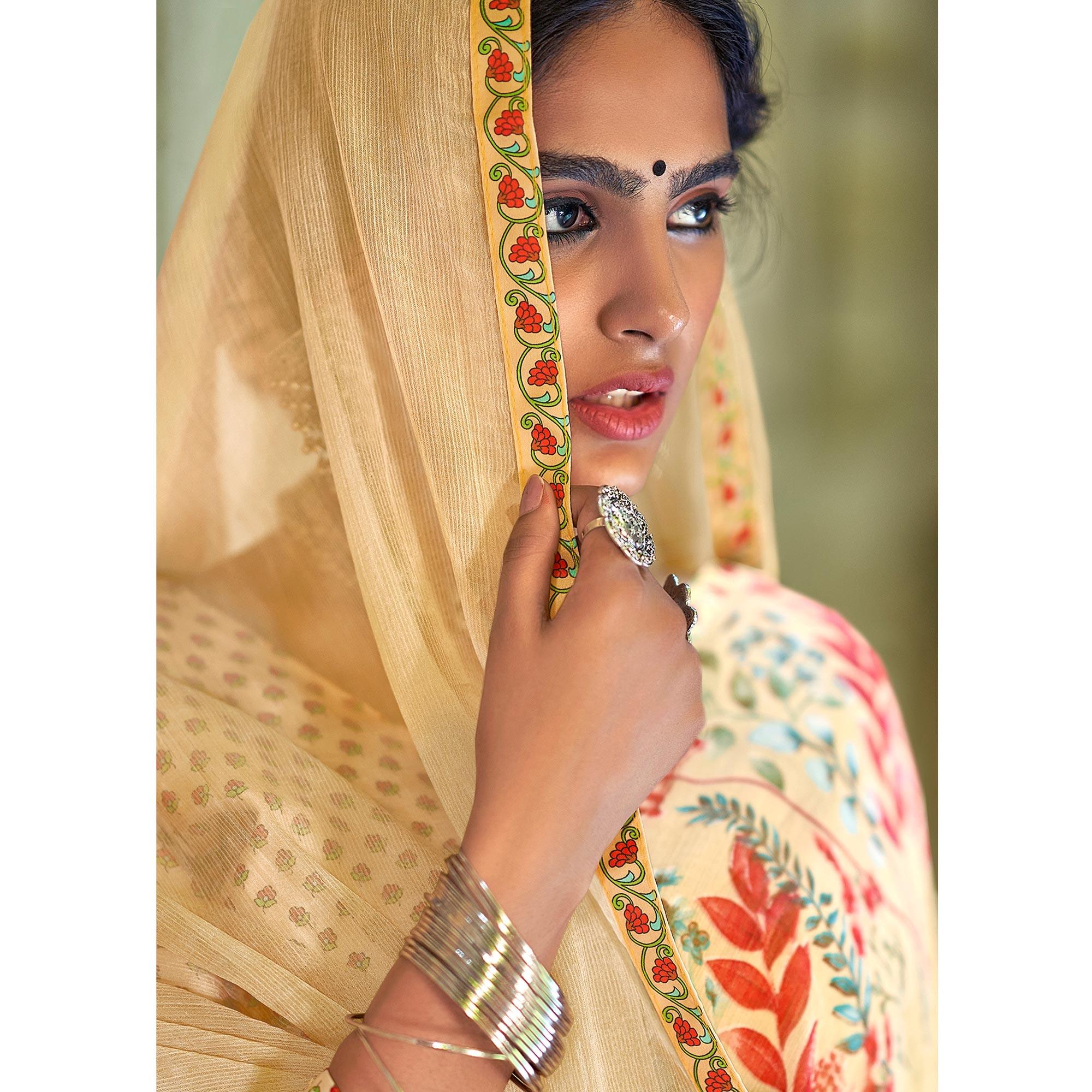 Light Yellow Casual Wear Floral Printed Chiffon Saree With Fancy Blouse - Peachmode