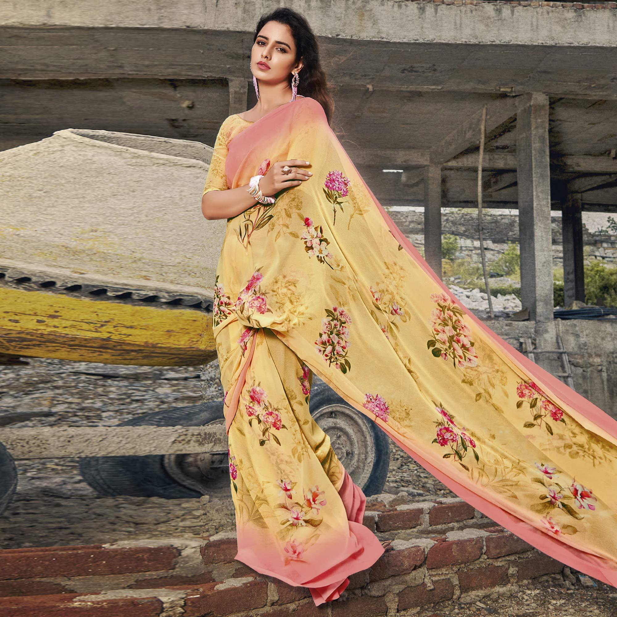 Light Yellow Casual Wear Floral Printed Georgette Saree - Peachmode