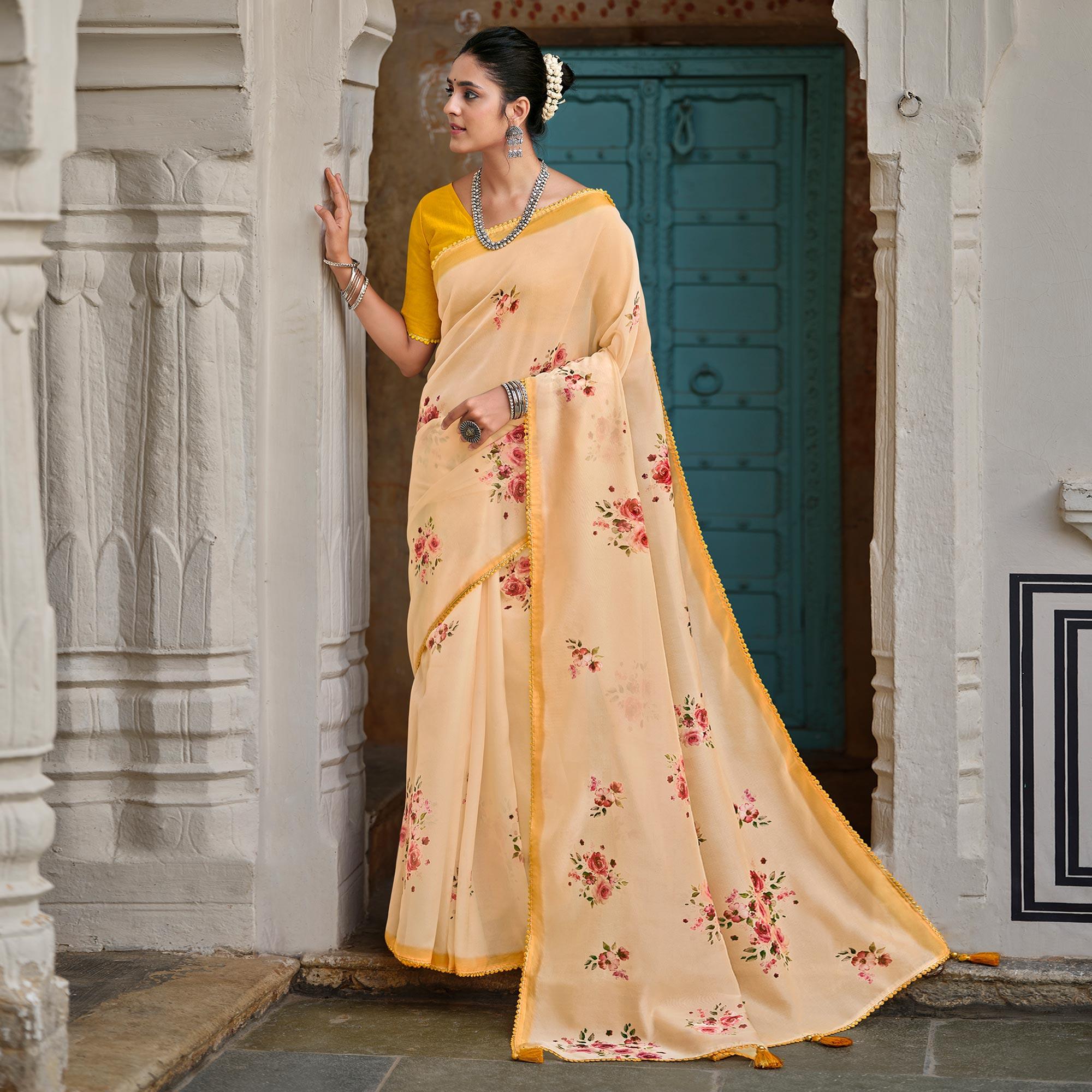 Light Yellow Casual Wear Floral Printed Heavy Organza Silk Saree - Peachmode