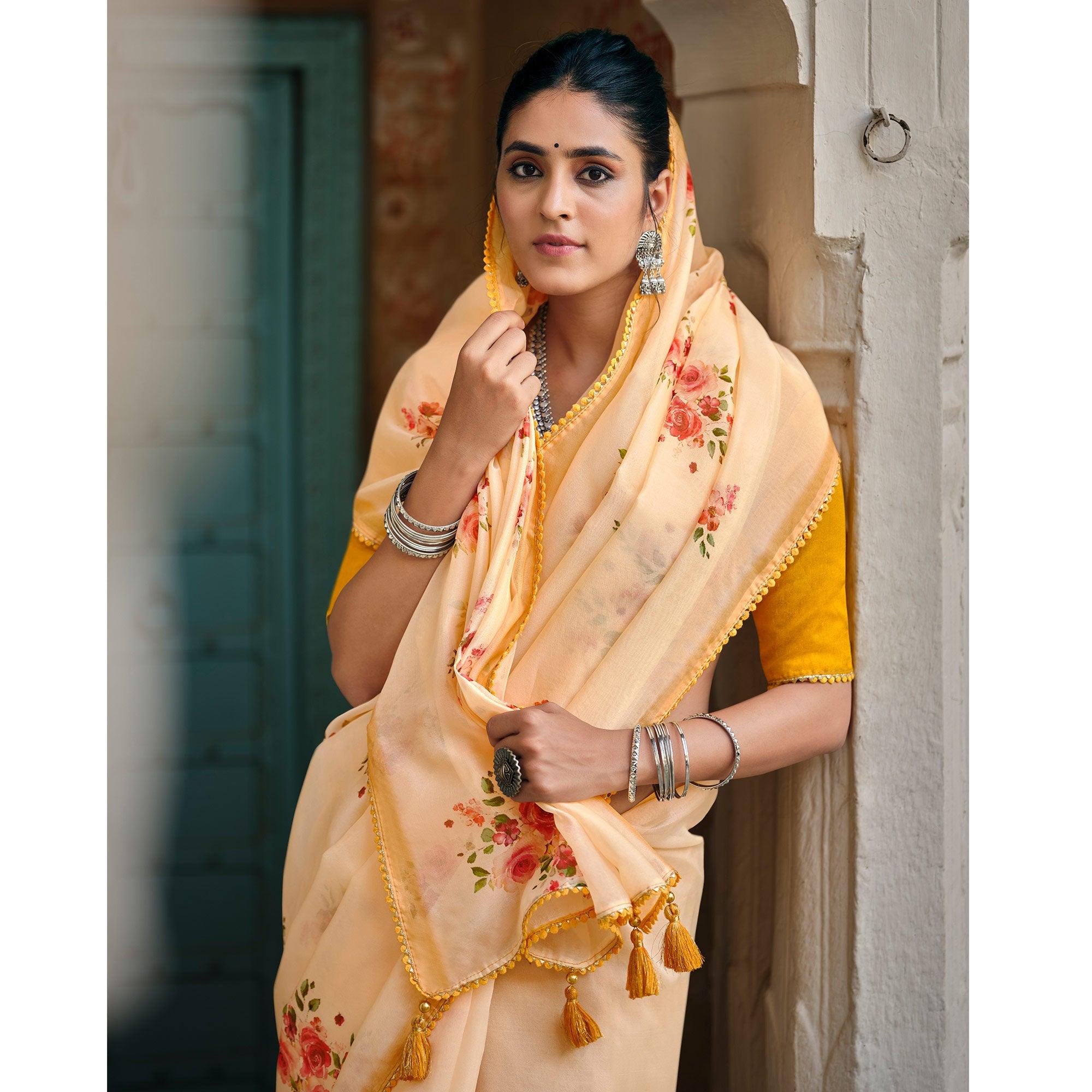 Light Yellow Casual Wear Floral Printed Heavy Organza Silk Saree - Peachmode