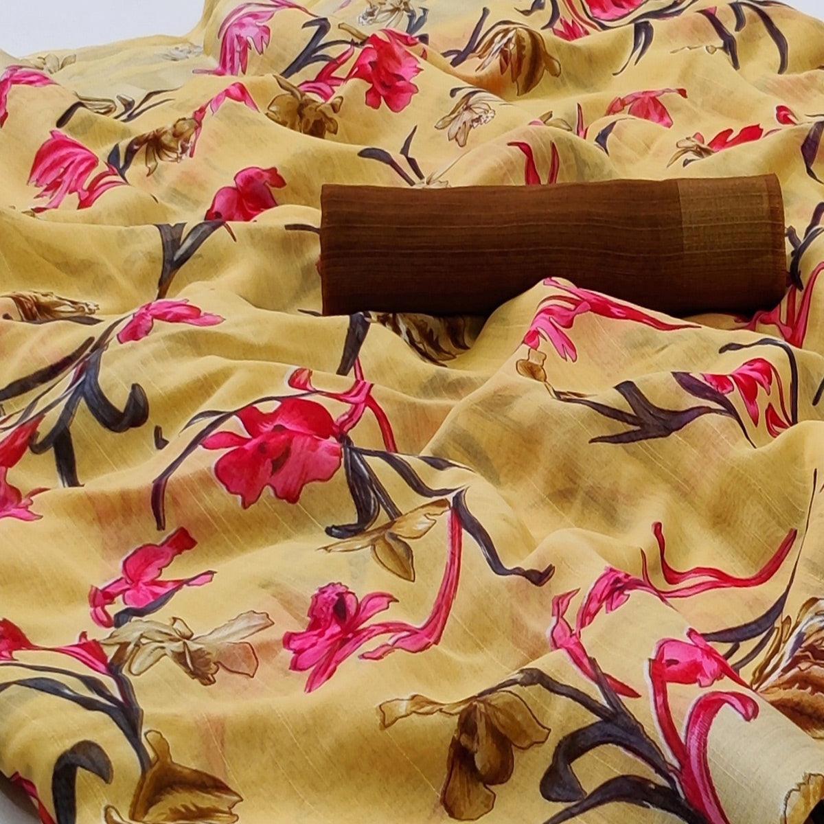 Light Yellow Casual Wear Floral Printed Linen Saree With Silver Border - Peachmode
