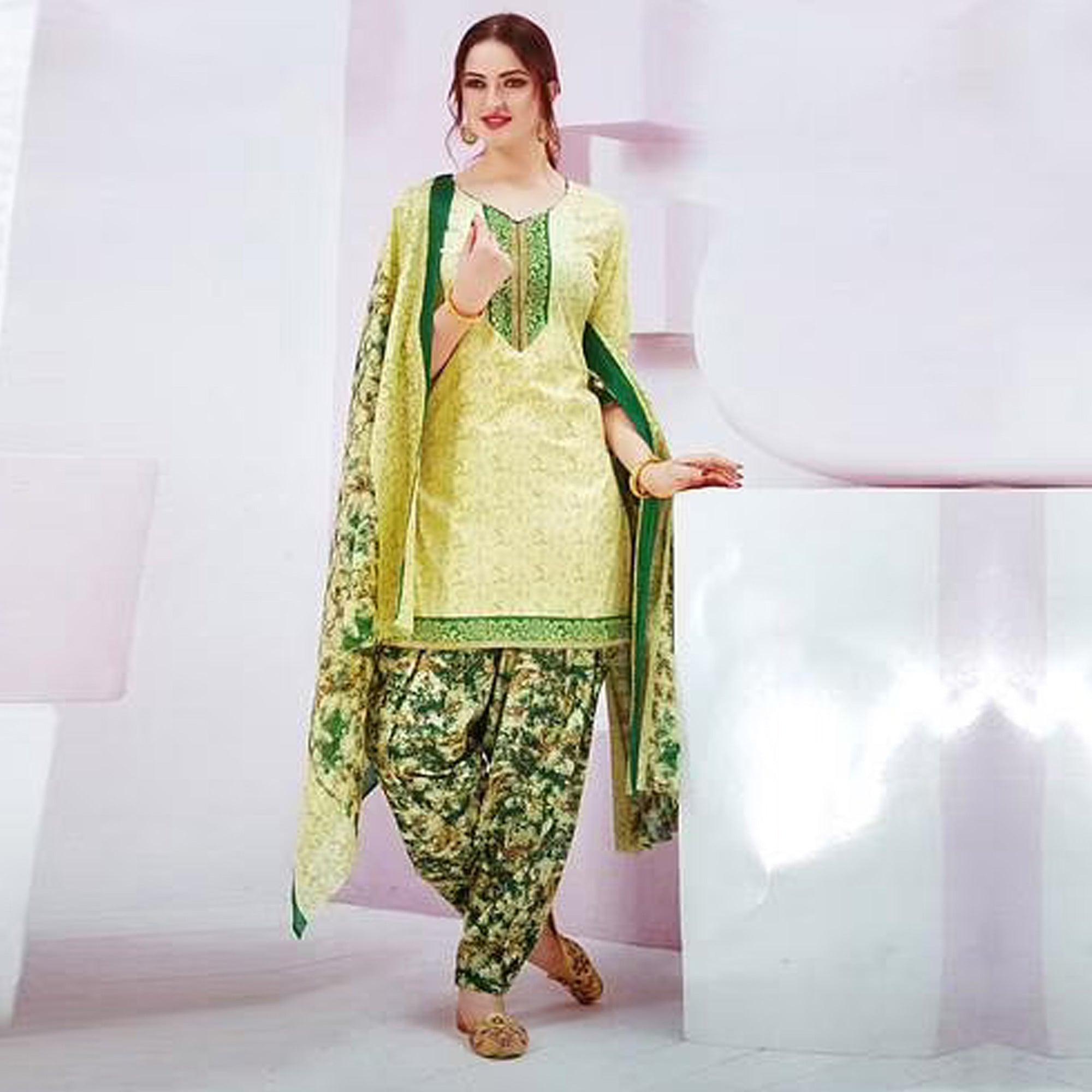 Light Yellow Casual Wear Printed Leon Patiala Dress Material - Peachmode