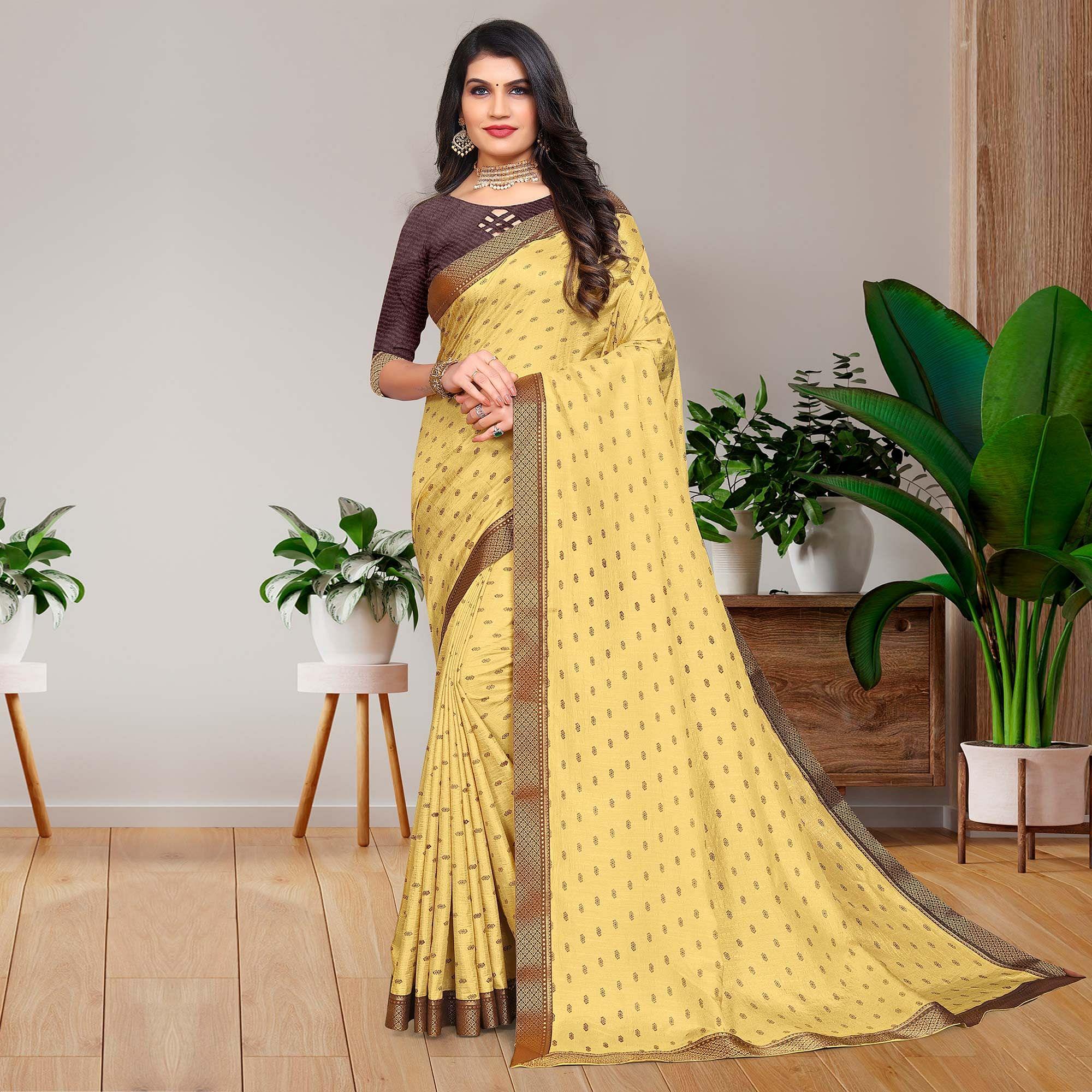 Light Yellow Casual Wear Printed Vichitra Silk Saree - Peachmode