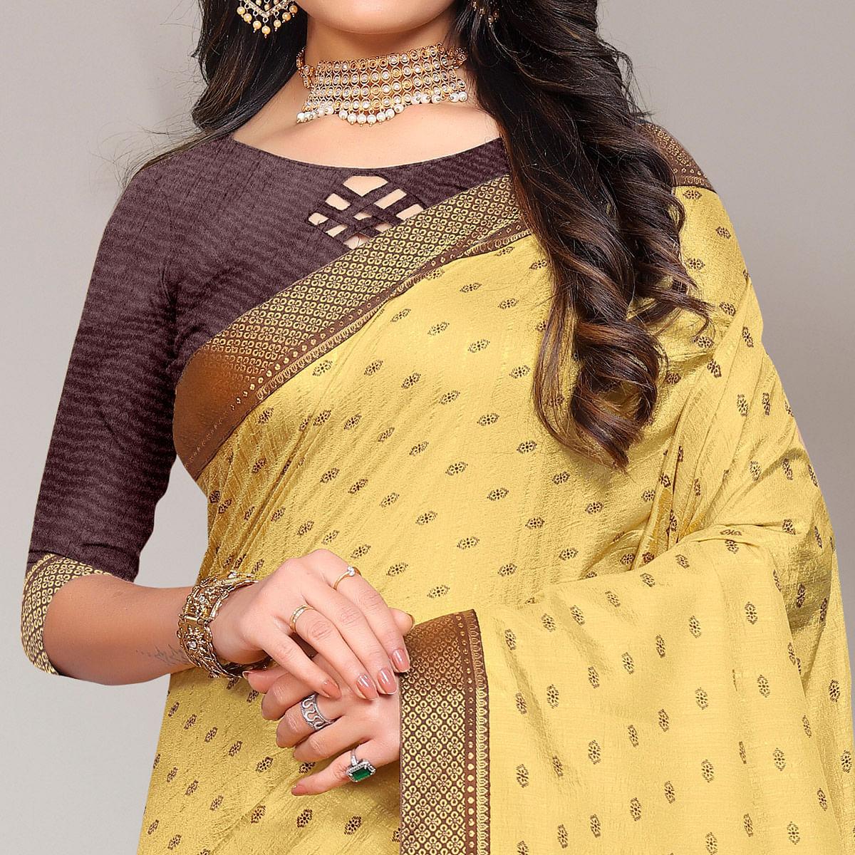 Light Yellow Casual Wear Printed Vichitra Silk Saree - Peachmode
