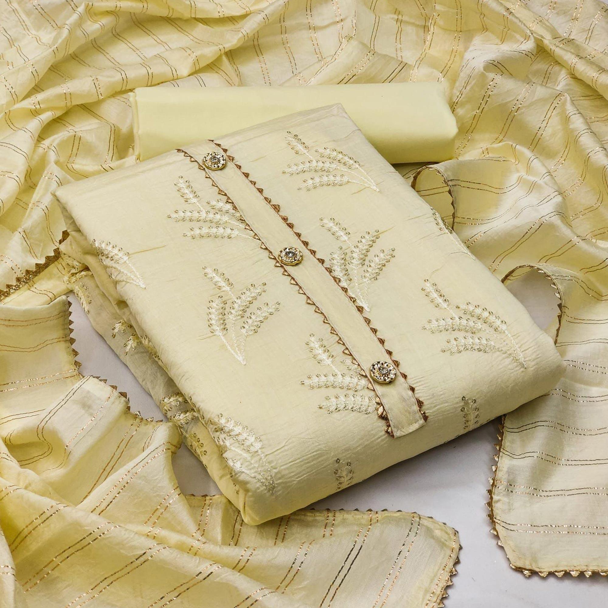 Light Yellow Casual Wear Sequence Embroidered Dyeable Cotton Dress Material - Peachmode