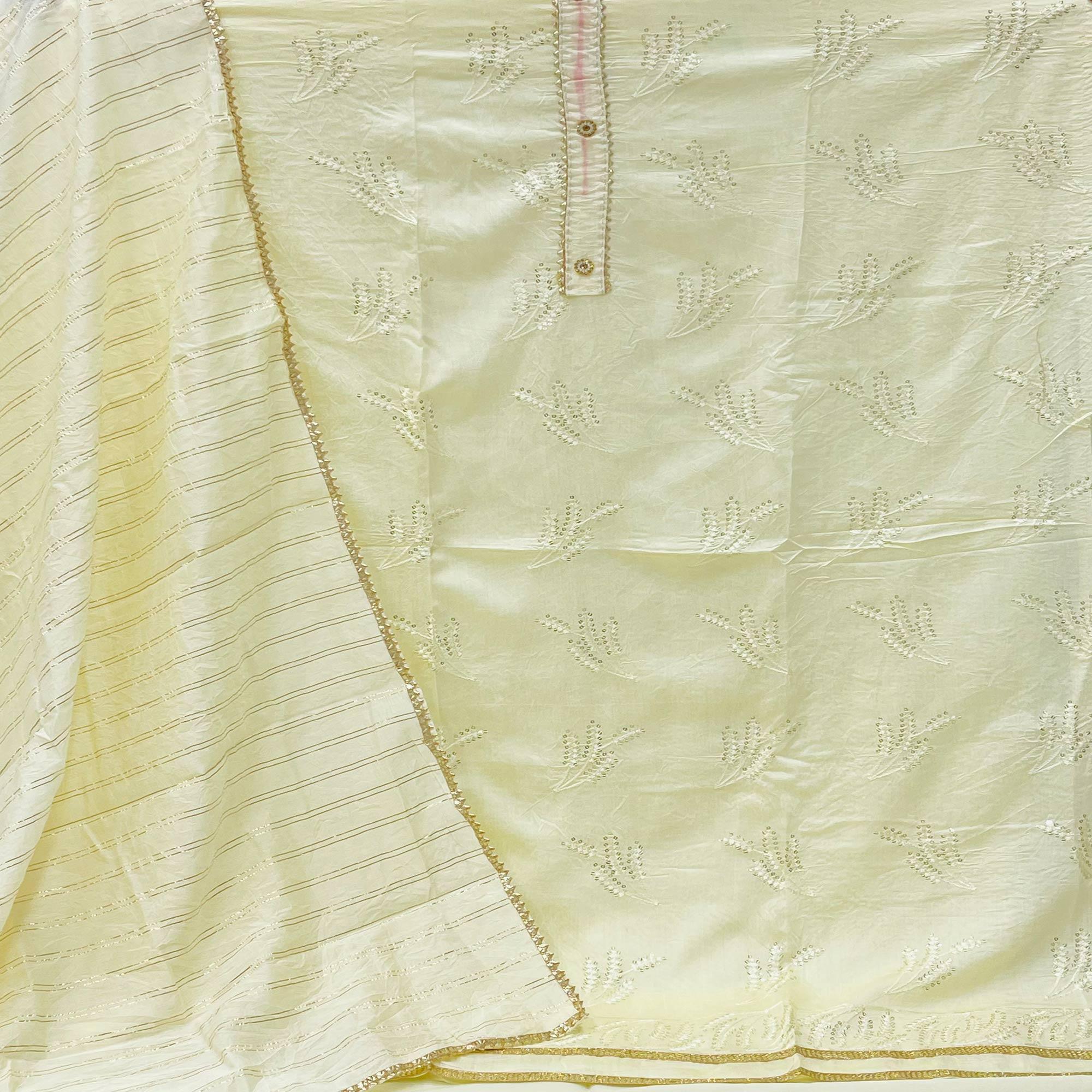 Light Yellow Casual Wear Sequence Embroidered Dyeable Cotton Dress Material - Peachmode