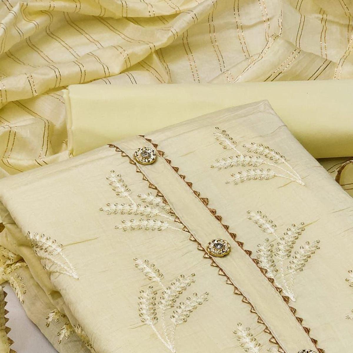 Light Yellow Casual Wear Sequence Embroidered Dyeable Cotton Dress Material - Peachmode
