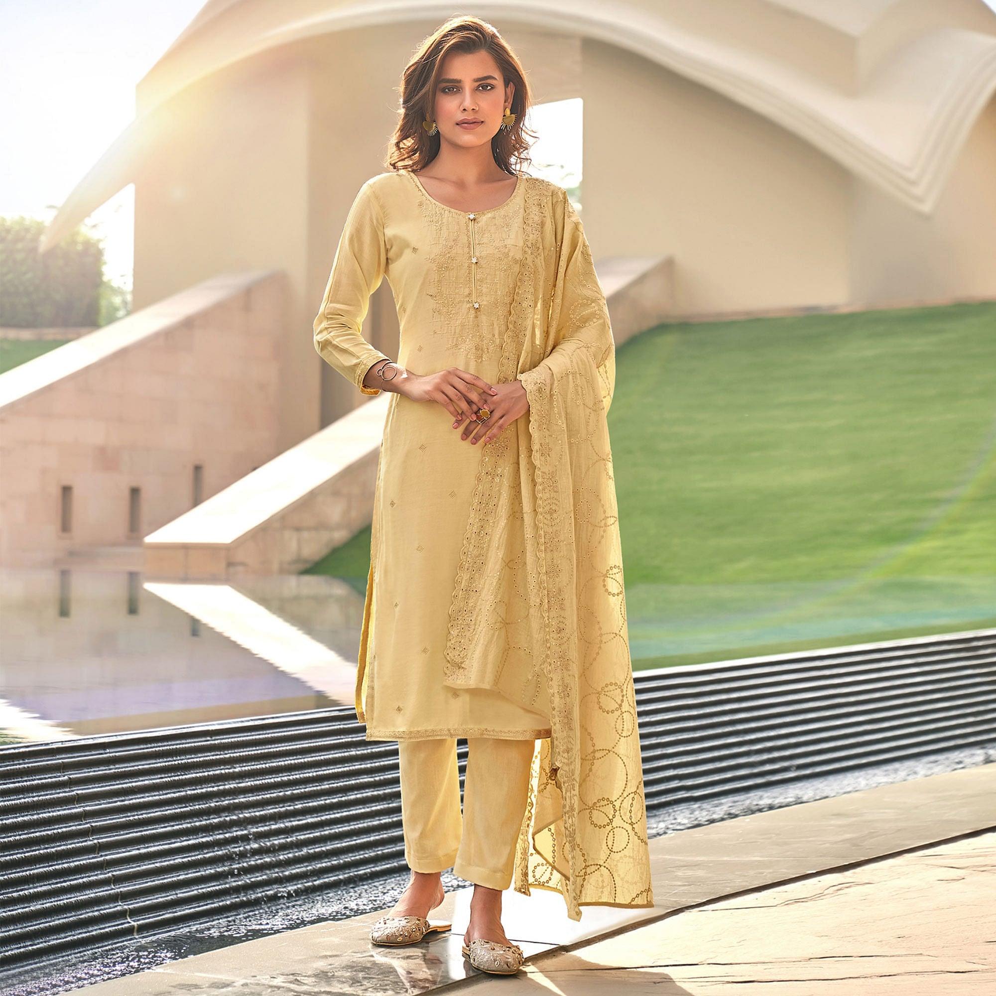 Light Yellow Festive Wear Embroidered Muslin Palazzo Suit - Peachmode