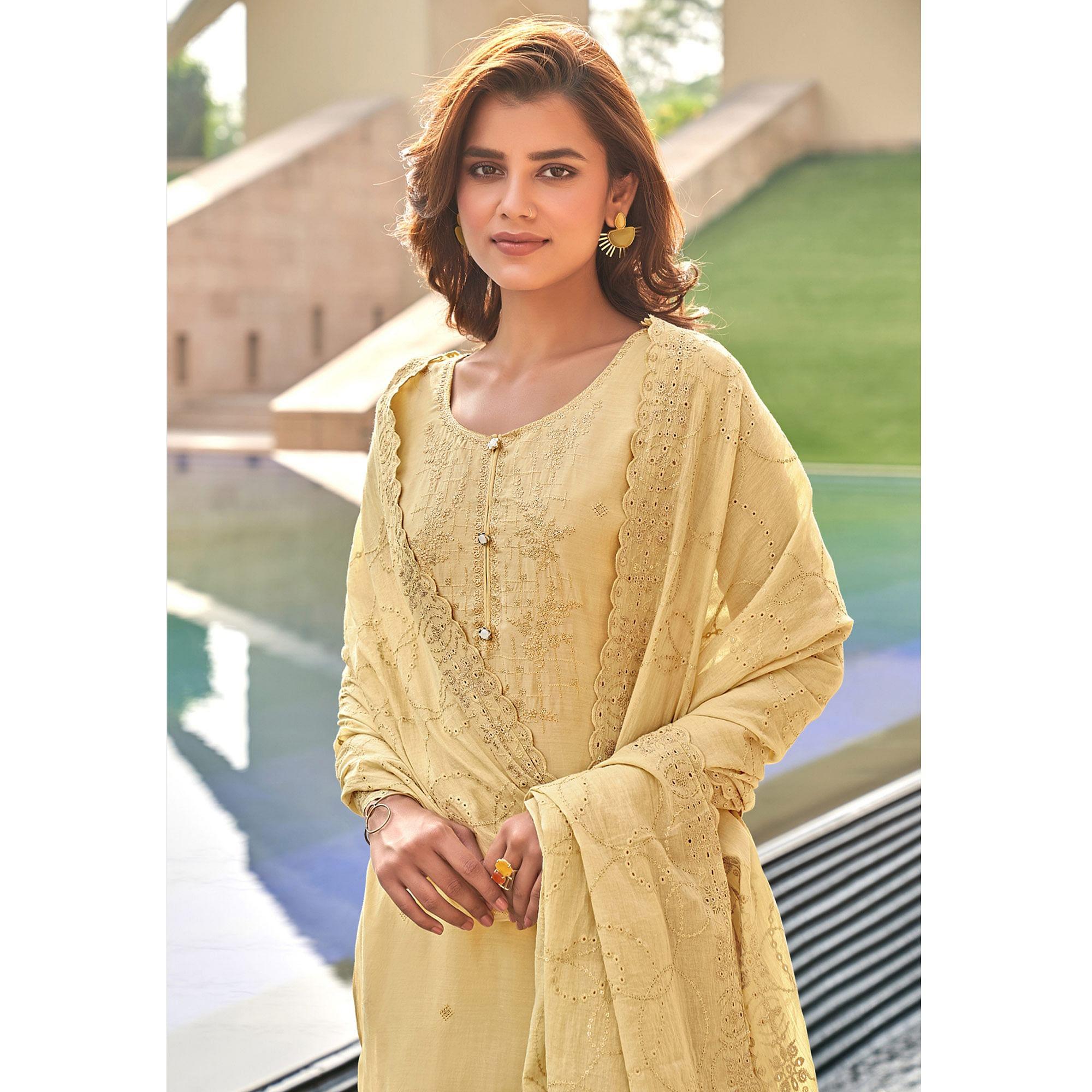 Light Yellow Festive Wear Embroidered Muslin Palazzo Suit - Peachmode