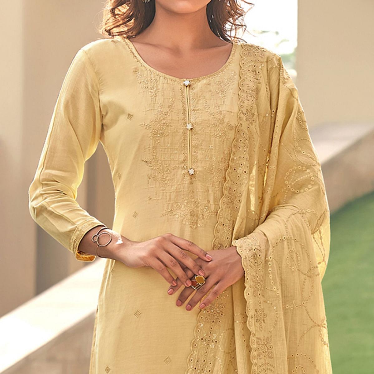 Light Yellow Festive Wear Embroidered Muslin Palazzo Suit - Peachmode