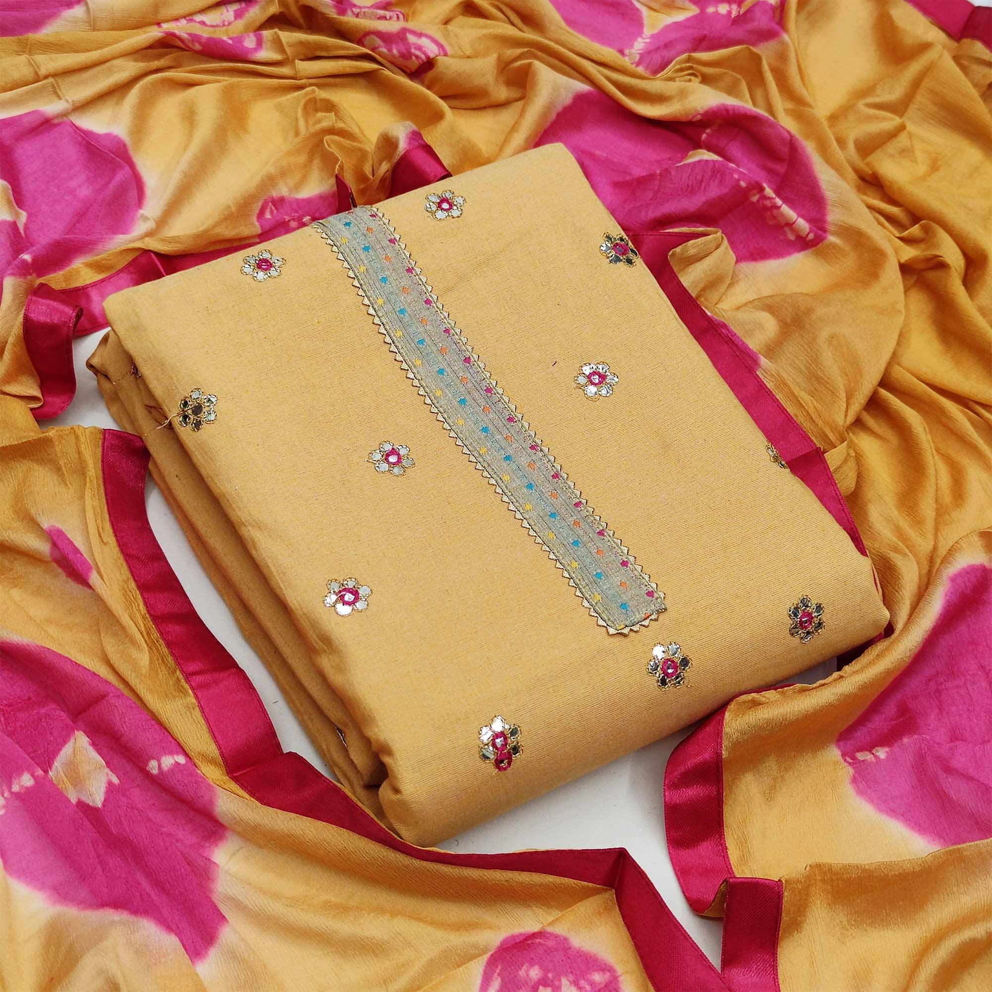 Light Yellow Festive Wear Gotta Plus Handwork Cotton Dress Material - Peachmode
