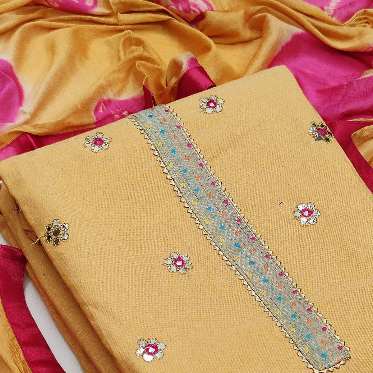 Light Yellow Festive Wear Gotta Plus Handwork Cotton Dress Material - Peachmode