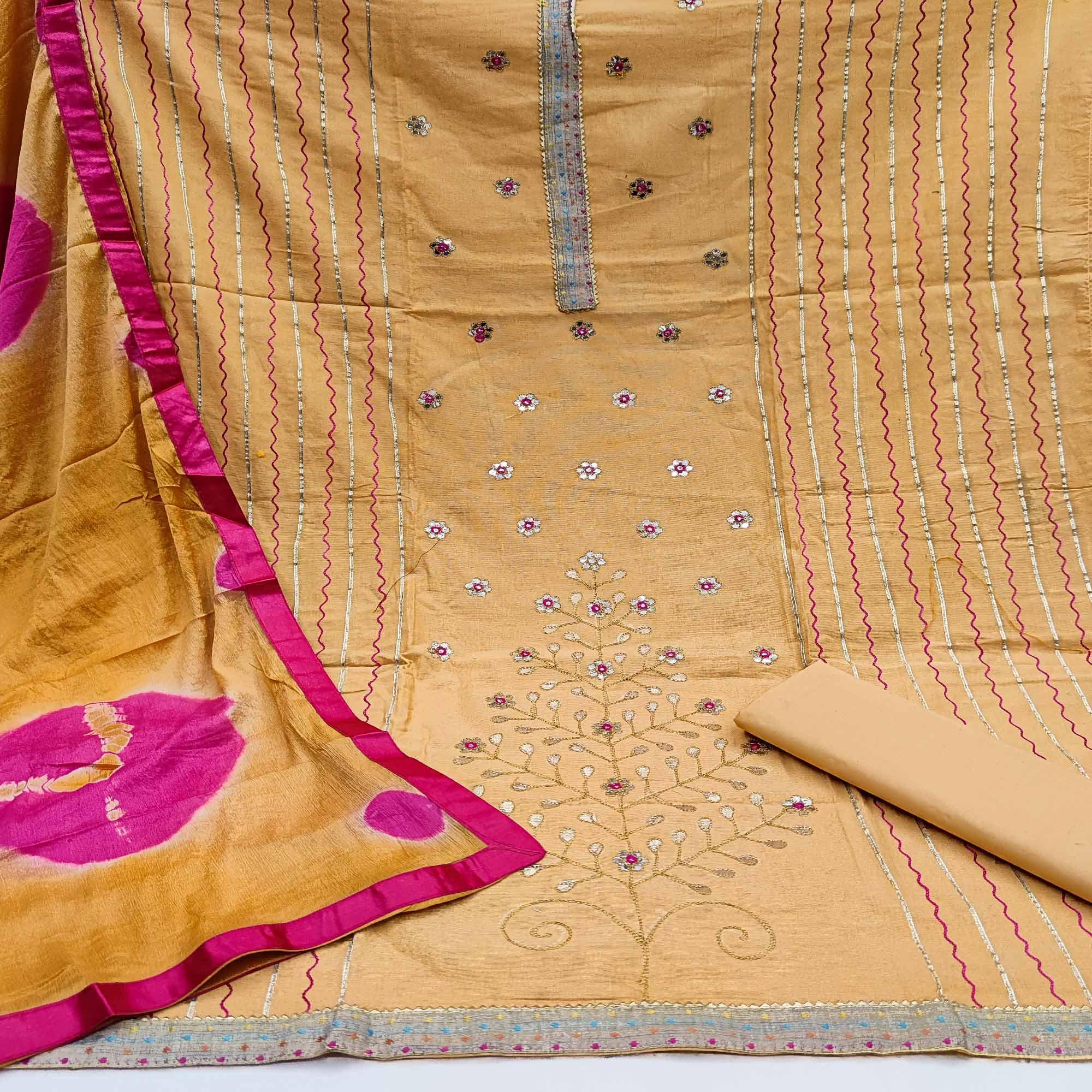 Light Yellow Festive Wear Gotta Plus Handwork Cotton Dress Material - Peachmode