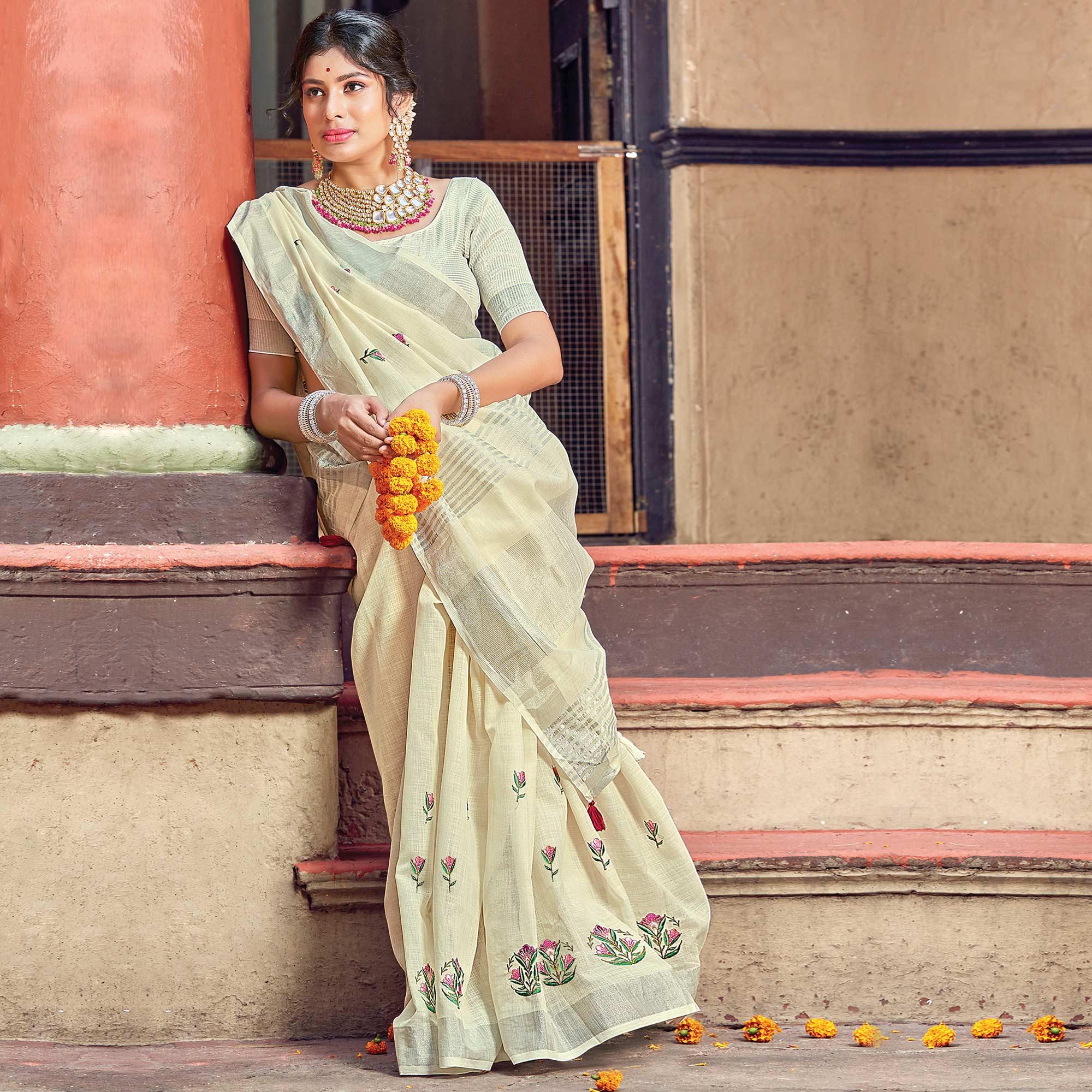 Light Yellow Festive Wear Printed Linen Saree - Peachmode