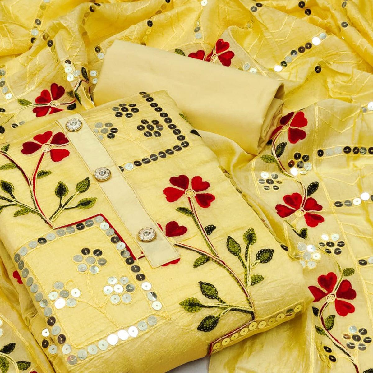 Light Yellow Festive Wear Sequence Embroidered Chanderi Dress Material - Peachmode