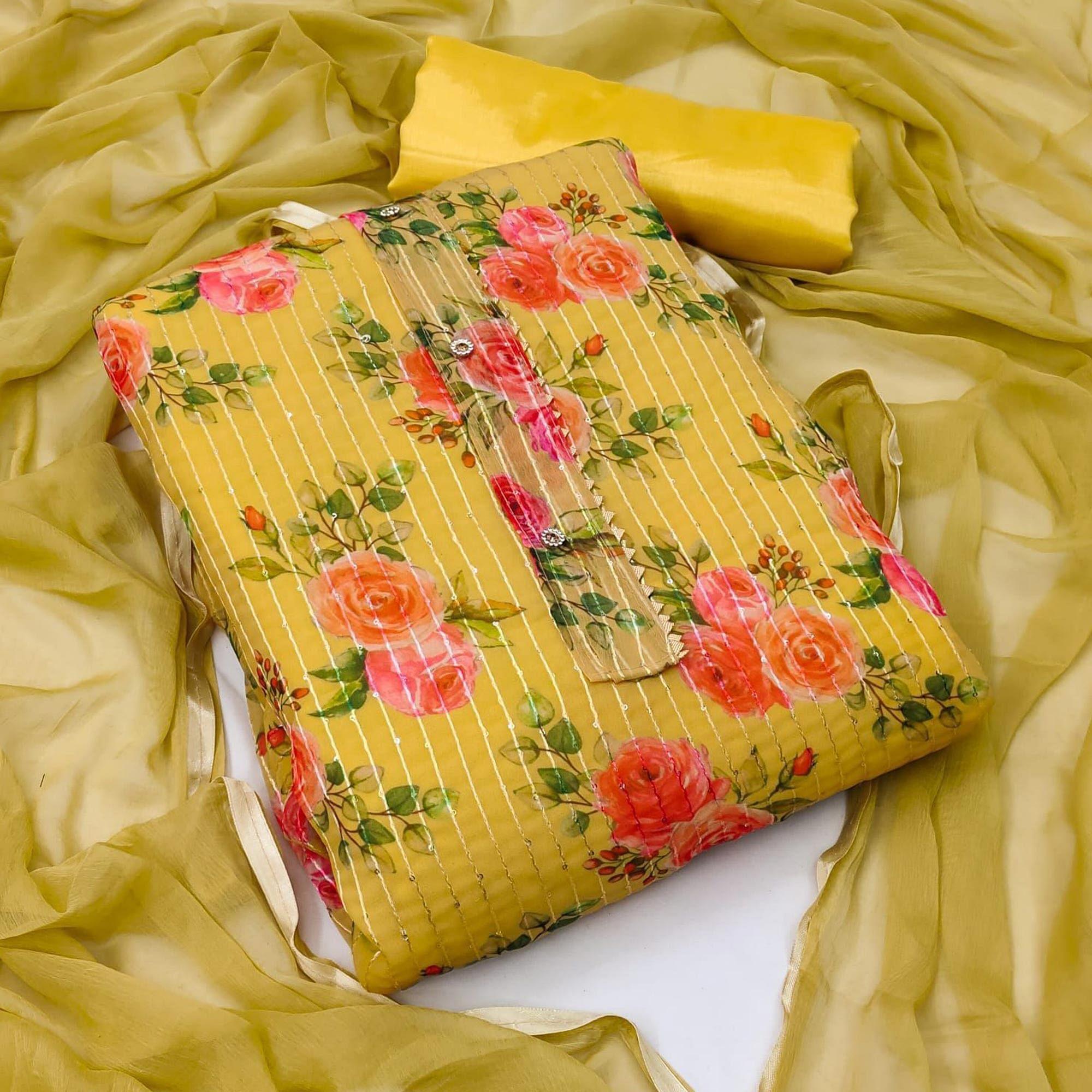 Light Yellow Festive Wear Sequence Embroidered Georgette Dress Material - Peachmode