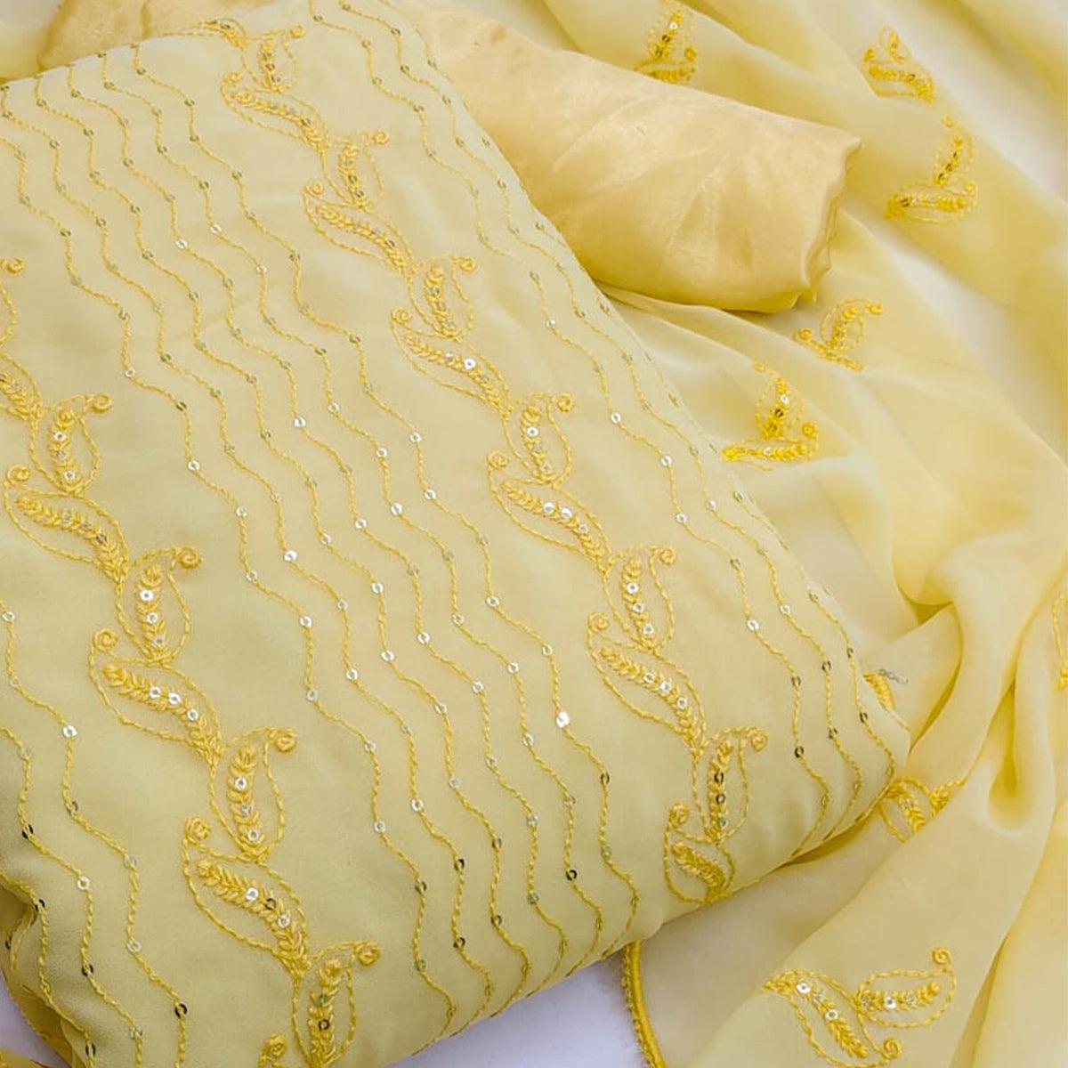 Light Yellow Festive Wear Sequence Embroidered Georgette Dress Material - Peachmode