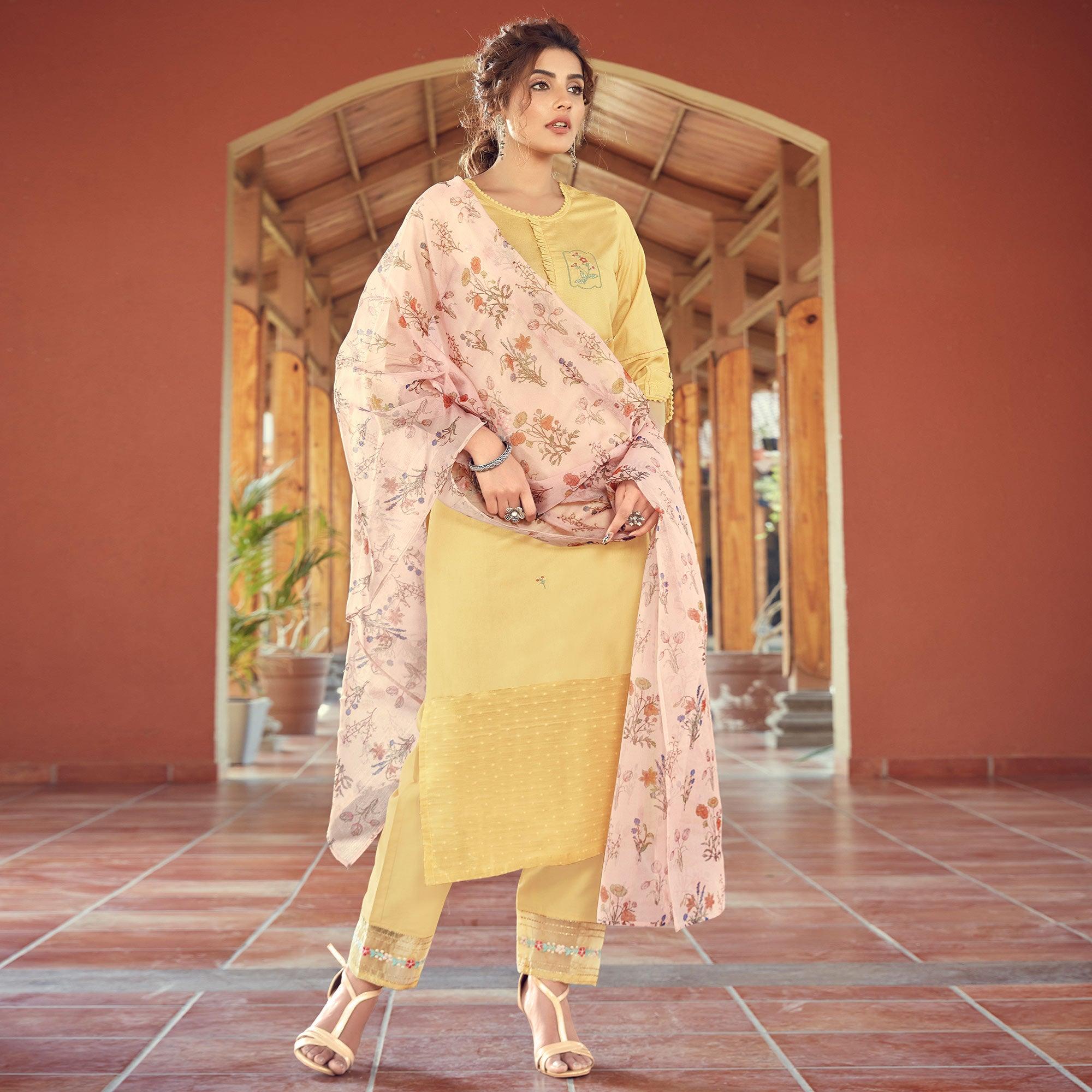Light Yellow Floral Embroidered Viscose Kurti - Pant Set With Dupatta - Peachmode